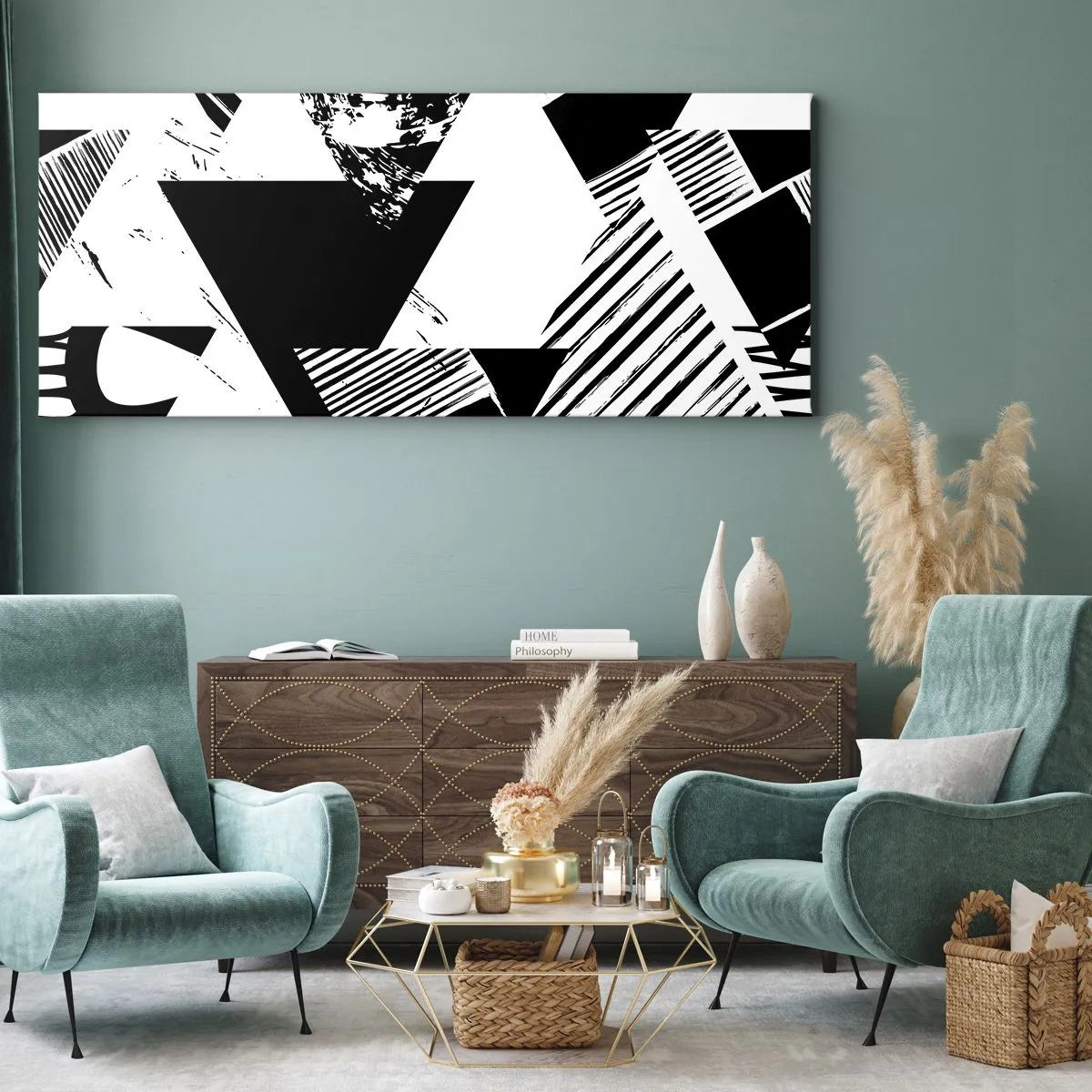 Bild auf Leinwand - Leinwandbild - Geometrische Muster in minimalistischer Schwarz-Weiß-Form - 160x50cm - Regen von Dreiecken - Moderne Wanddekoration für Wohnzimmer und Schlafzimmer ARTTOR