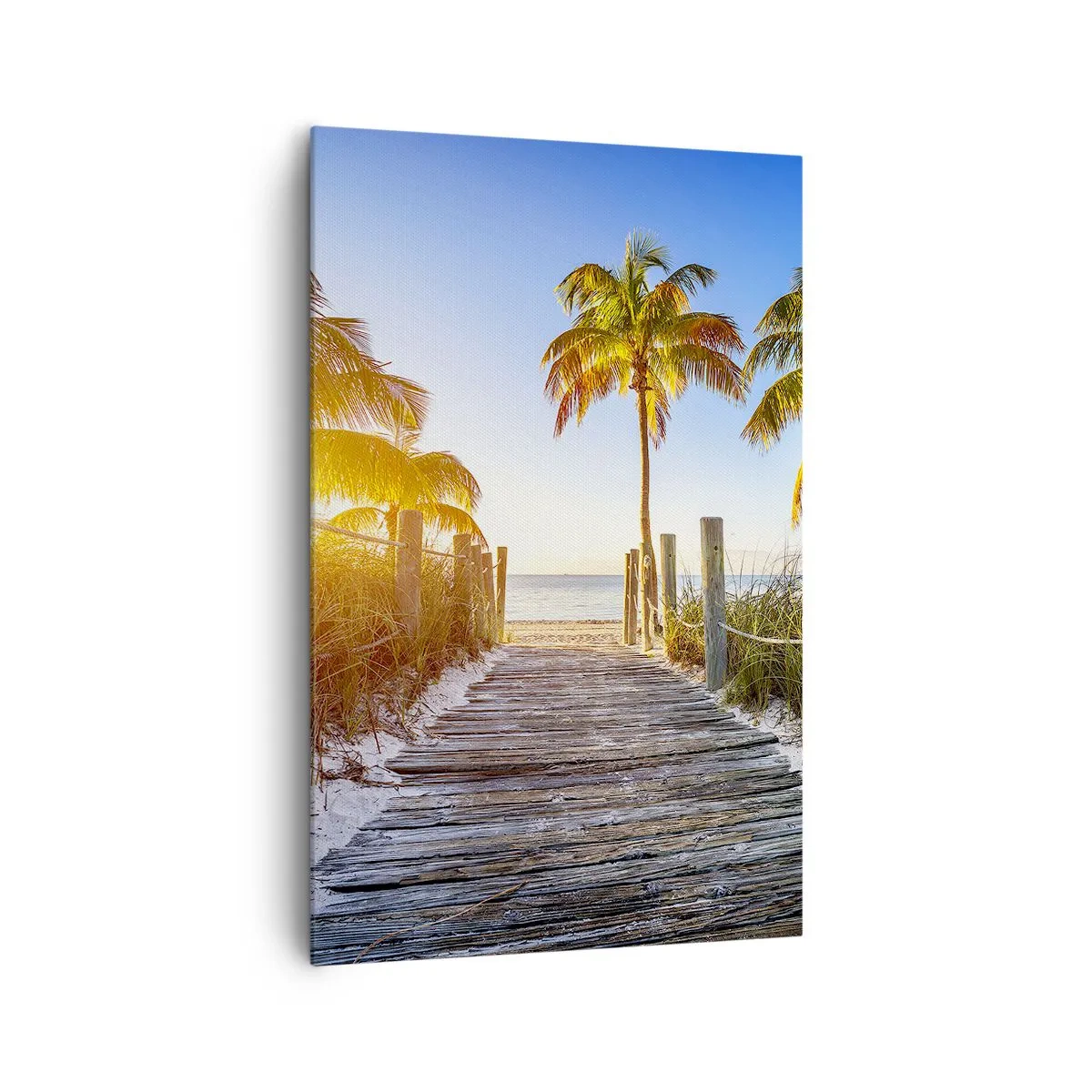Bild auf Leinwand - Leinwandbild - Holzweg am Strand mit Palmen im Hintergrund - 80x120cm - Direkt ins Paradies - Moderne Wanddekoration für Wohnzimmer und Schlafzimmer ARTTOR