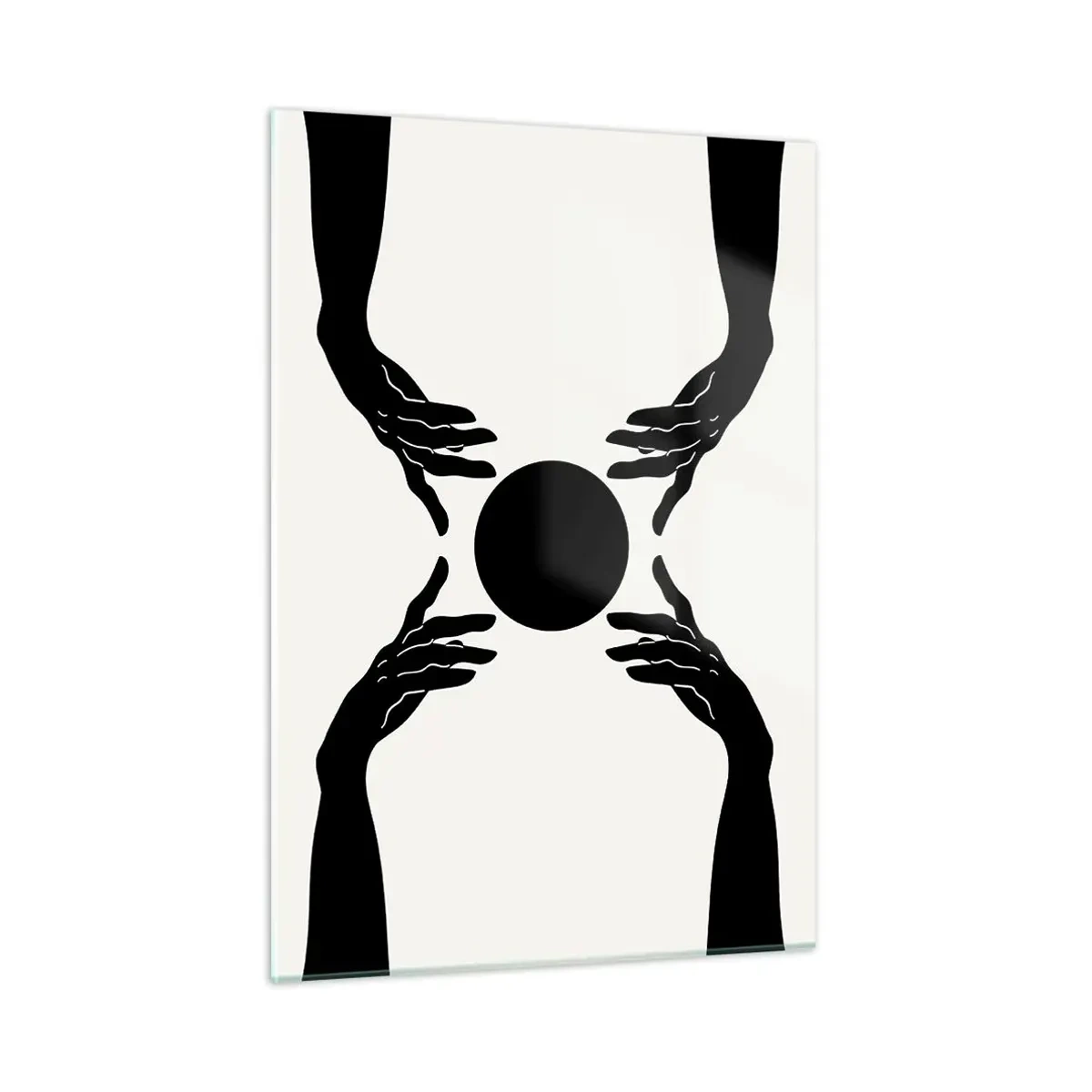 Glasbild - Bild auf glas - Schwarze Hände um einen schwarzen Kreis auf hellem Hintergrund - 50x70cm - Geheimes Zeichen - Moderne Wanddekoration für Wohnzimmer und Schlafzimmer ARTTOR