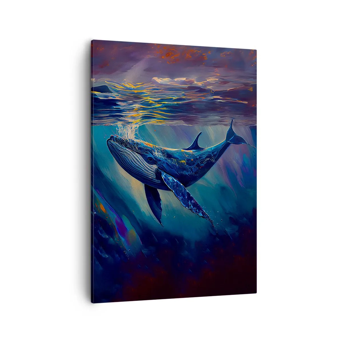 Bild auf Leinwand - Leinwandbild - Ein Wal in den Tiefen des Ozeans in leuchtenden Farben - 50x70cm - Willkommen in meiner Welt - Moderne Wanddekoration für Wohnzimmer und Schlafzimmer ARTTOR