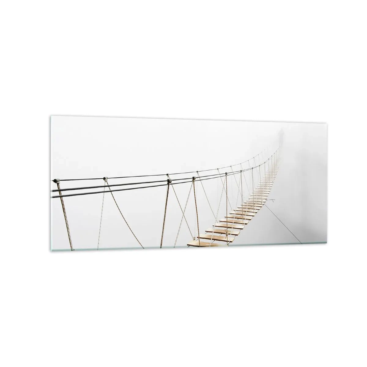 Glasbild - Bild auf glas - Eine Hängebrücke im Nebel aus minimalistischer Perspektive - 120x50cm - Wohin wird es dich führen? - Moderne Wanddekoration für Wohnzimmer und Schlafzimmer ARTTOR