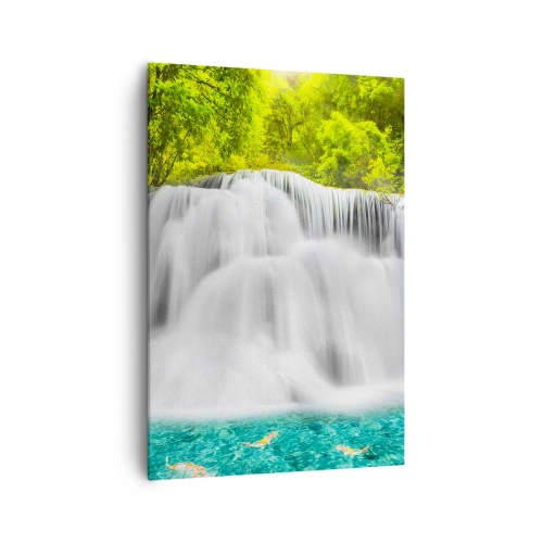 Bild auf Leinwand - Leinwandbild - Ein Wasserfall in einem tropischen Wald mit türkisfarbenem Wasser - 70x100cm - Eine schaumige Kaskade von grün bis azurblau - Moderne Wanddekoration für Wohnzimmer und Schlafzimmer ARTTOR