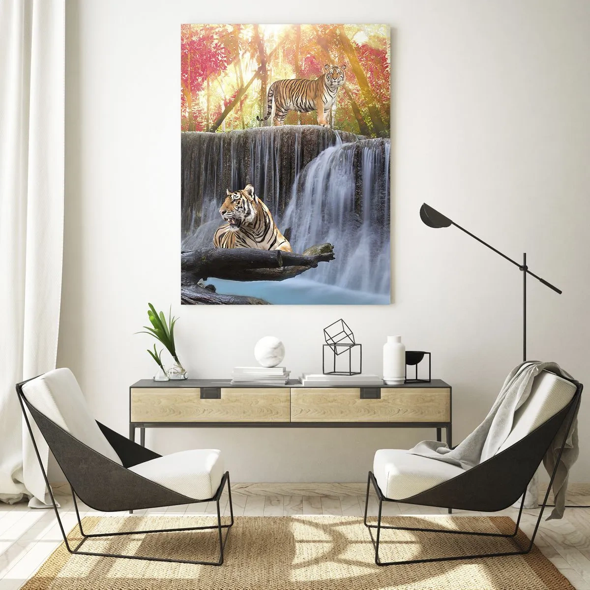 Glasbild - Bild auf glas - Tiger an einem Wasserfall im Herbstwald - 80x120cm - Surreale Landschaft - Moderne Wanddekoration für Wohnzimmer und Schlafzimmer ARTTOR
