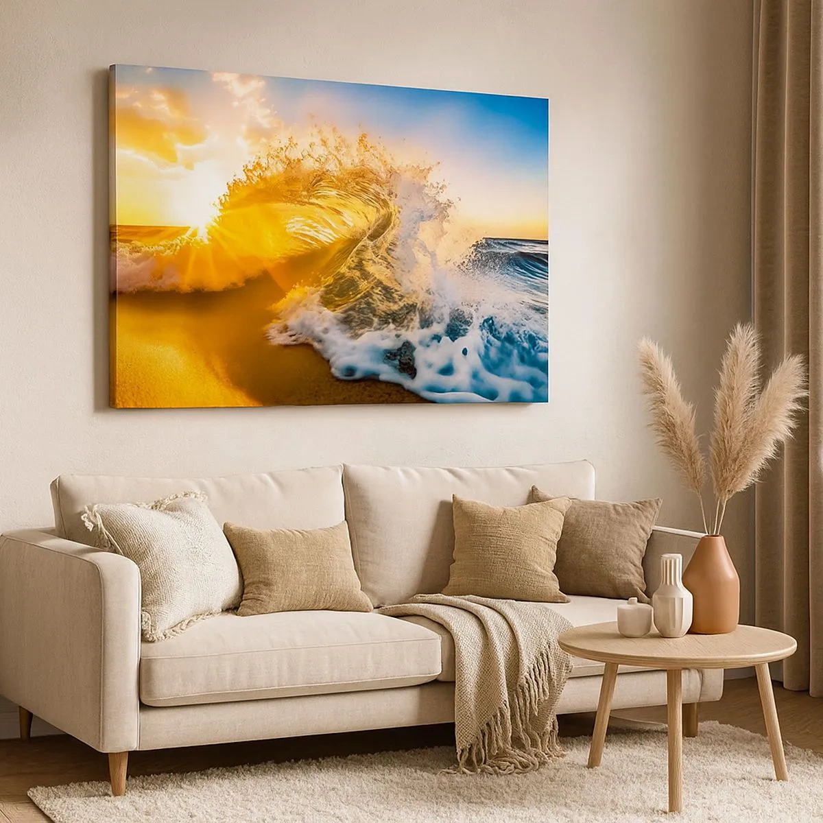 Bild auf Leinwand - Leinwandbild - Eine goldene Welle vor dem Hintergrund der untergehenden Sonne - 70x50cm - Spaß im Sand - Moderne Wanddekoration für Wohnzimmer und Schlafzimmer ARTTOR