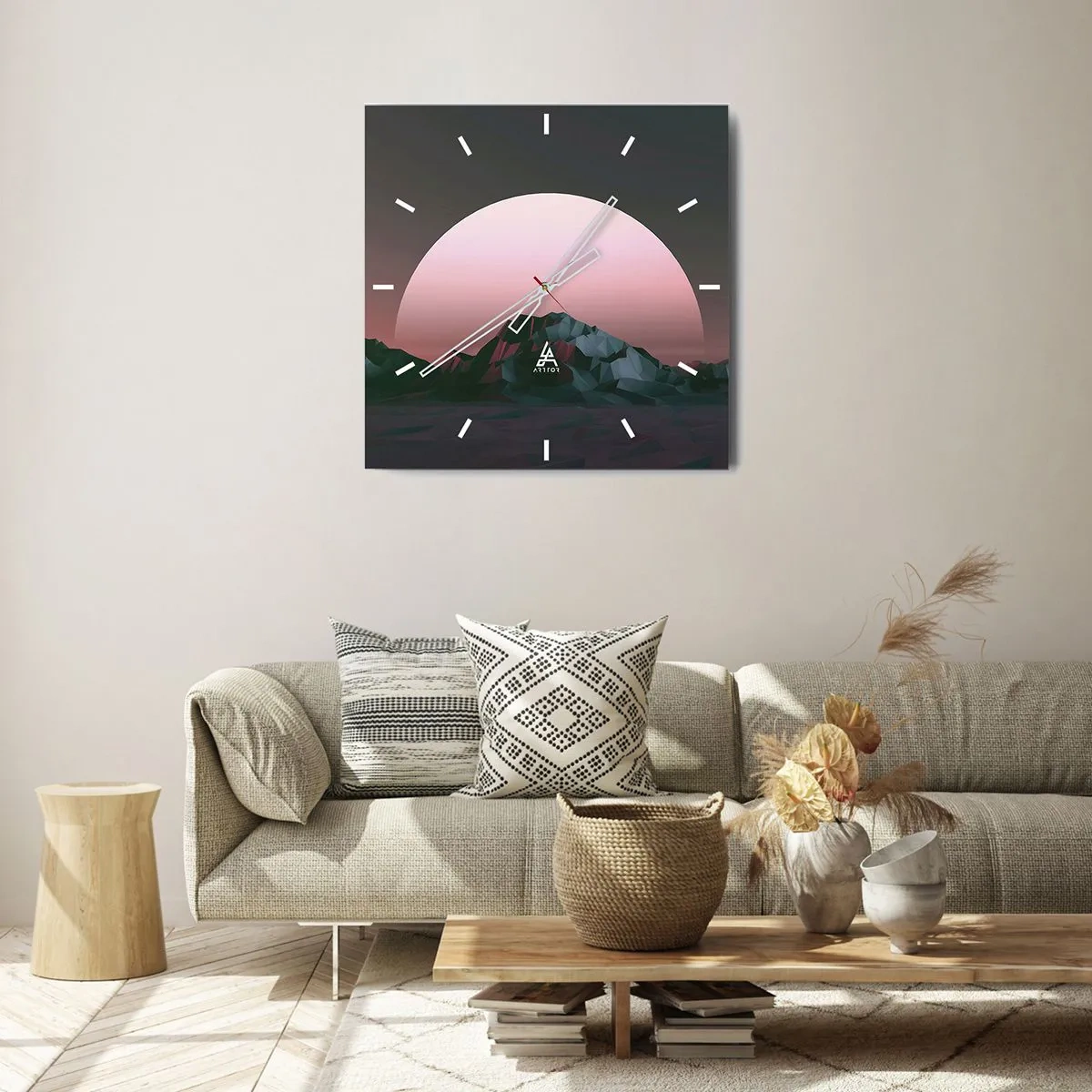 Wanduhr - Glasuhr - Geometrische Berge mit der untergehenden Sonne im Hintergrund - 30x30cm - In einer Nachbargalaxie - Moderne Wanddekoration für Wohnzimmer und Schlafzimmer ARTTOR
