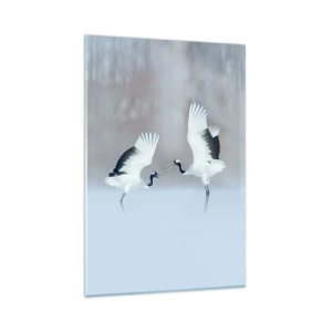 Glasbild - Bild auf glas - Zwei Kraniche tanzen in einer nebligen Landschaft - 80x120cm - Tanz im Nebel - Moderne Wanddekoration für Wohnzimmer und Schlafzimmer ARTTOR