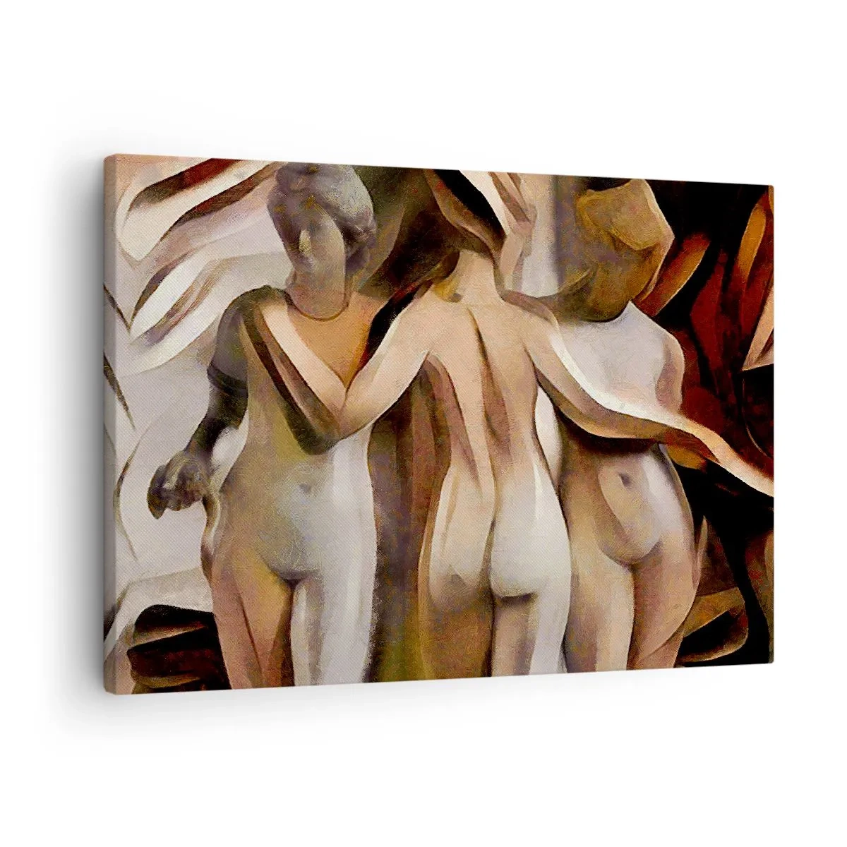 Bild auf Leinwand - Leinwandbild - Eine abstrakte Szene mit drei Figuren in warmen Farben. - 70x50cm - Drei Grazien 2.0 - Moderne Wanddekoration für Wohnzimmer und Schlafzimmer ARTTOR