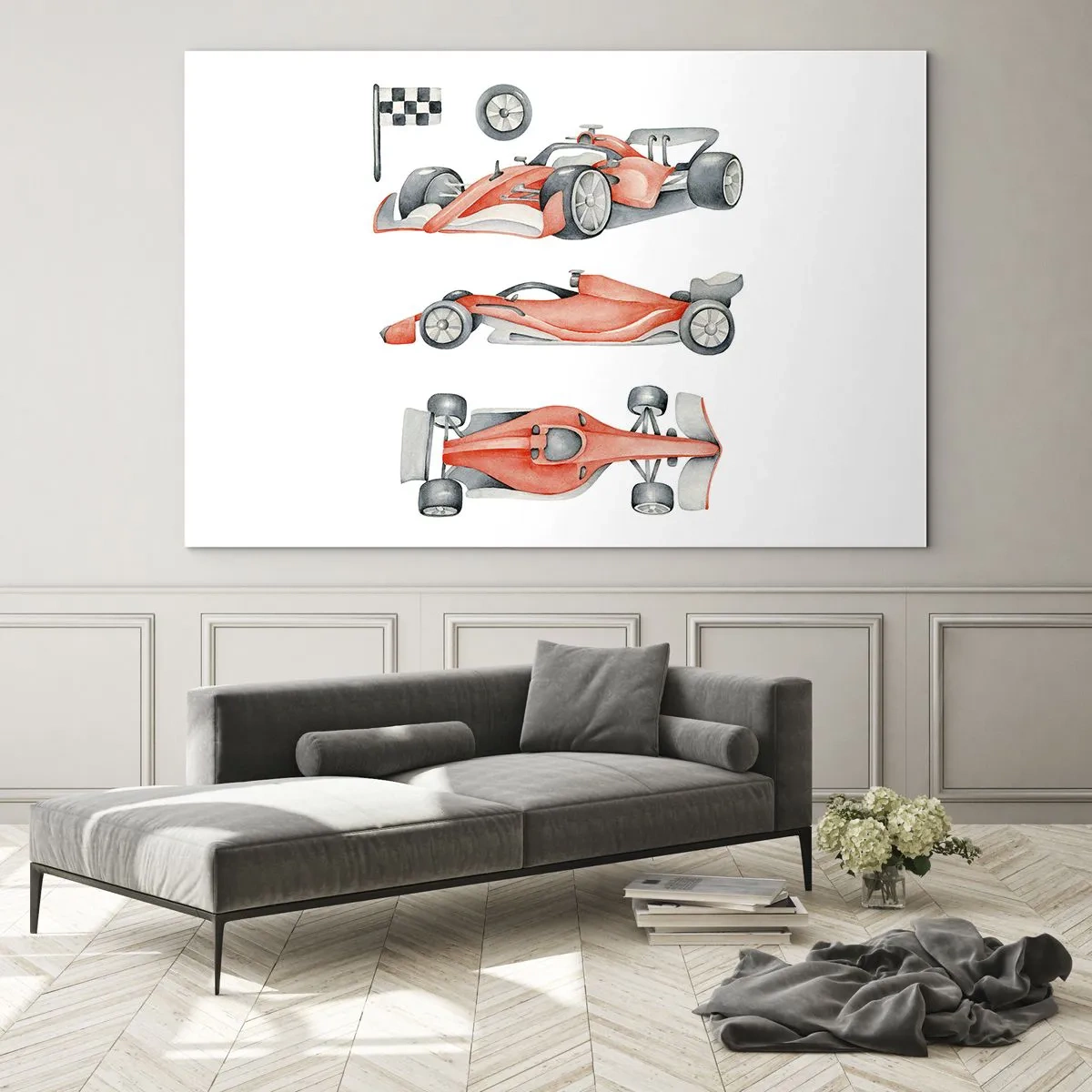Glasbild - Bild auf glas - Drei-Aufnahmen-Illustration eines roten Rennwagens mit einer Rennflagge - 70x50cm - Dem Traum folgen - Moderne Wanddekoration für Wohnzimmer und Schlafzimmer ARTTOR