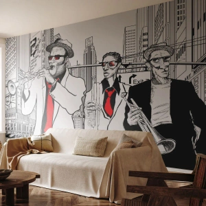 Maßgeschneiderte Fototapete Premium Canvas - Urbane Rhapsodie in Schwarz und Rot - New York, Jazz, Musik