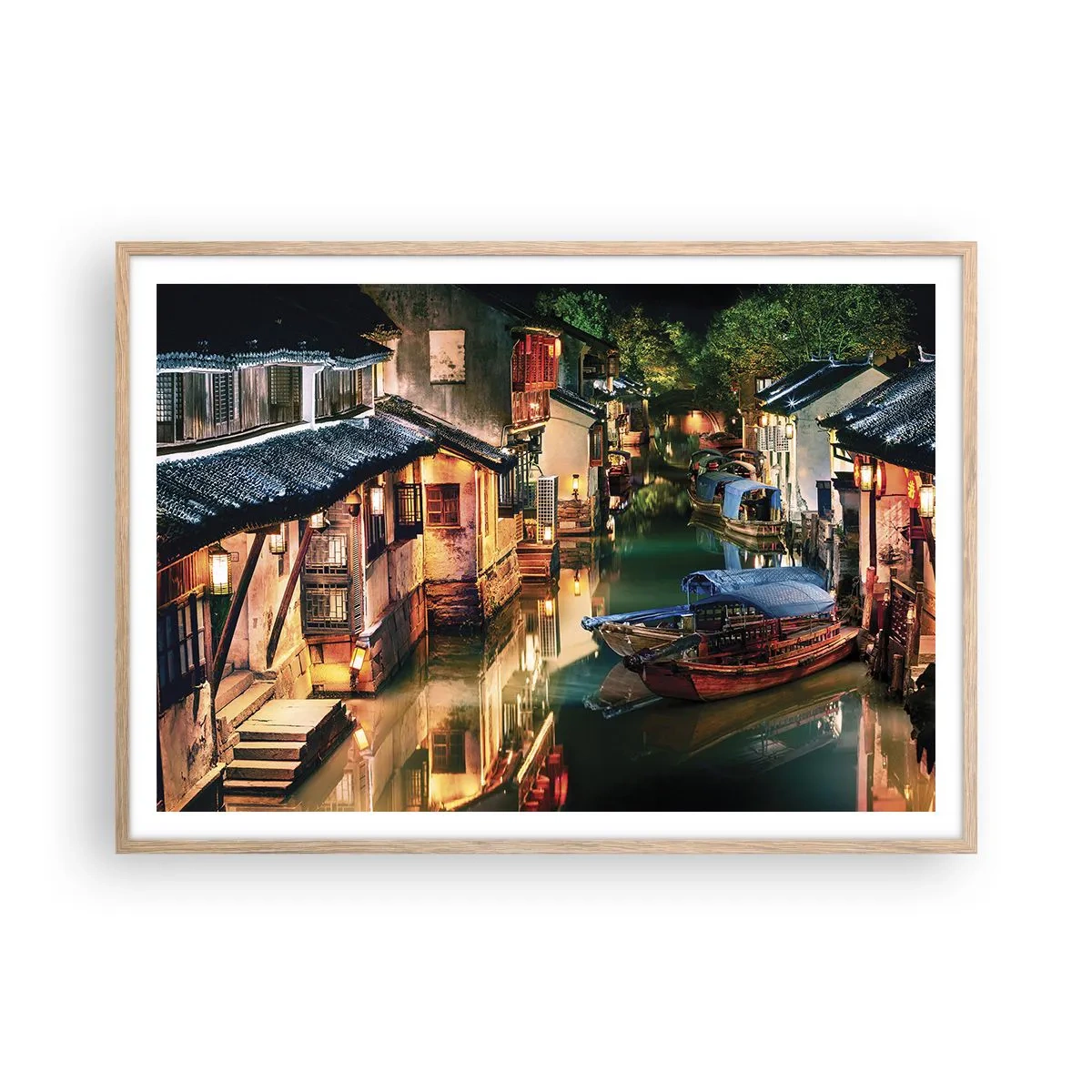 Poster in einem Rahmen aus heller Eiche - Ein Abend auf einer chinesischen Straße - 100x70 cm