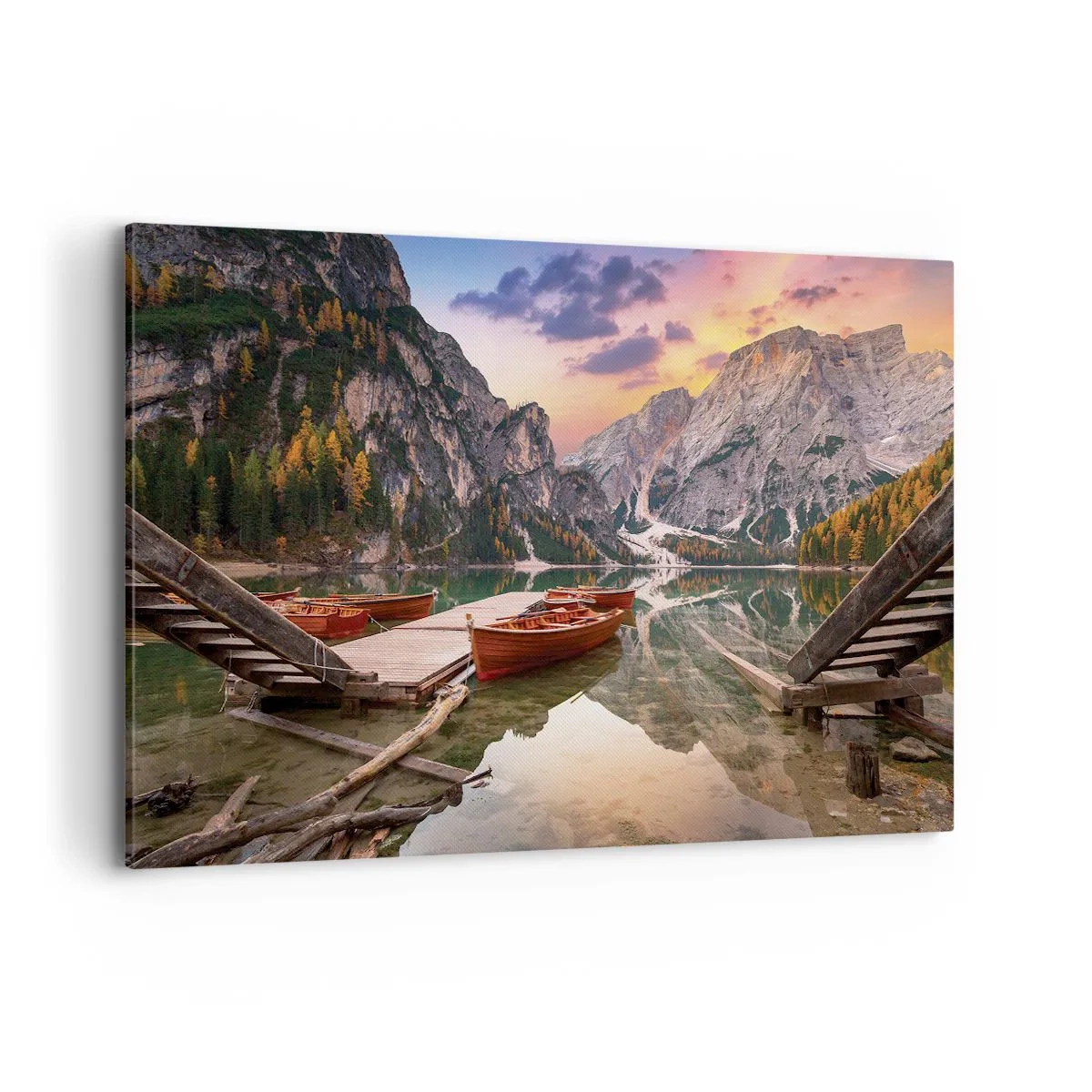 Bild auf Leinwand - Leinwandbild - Bergsee mit Booten bei Sonnenuntergang - 120x80cm - Versprechen des Tages - Moderne Wanddekoration für Wohnzimmer und Schlafzimmer ARTTOR