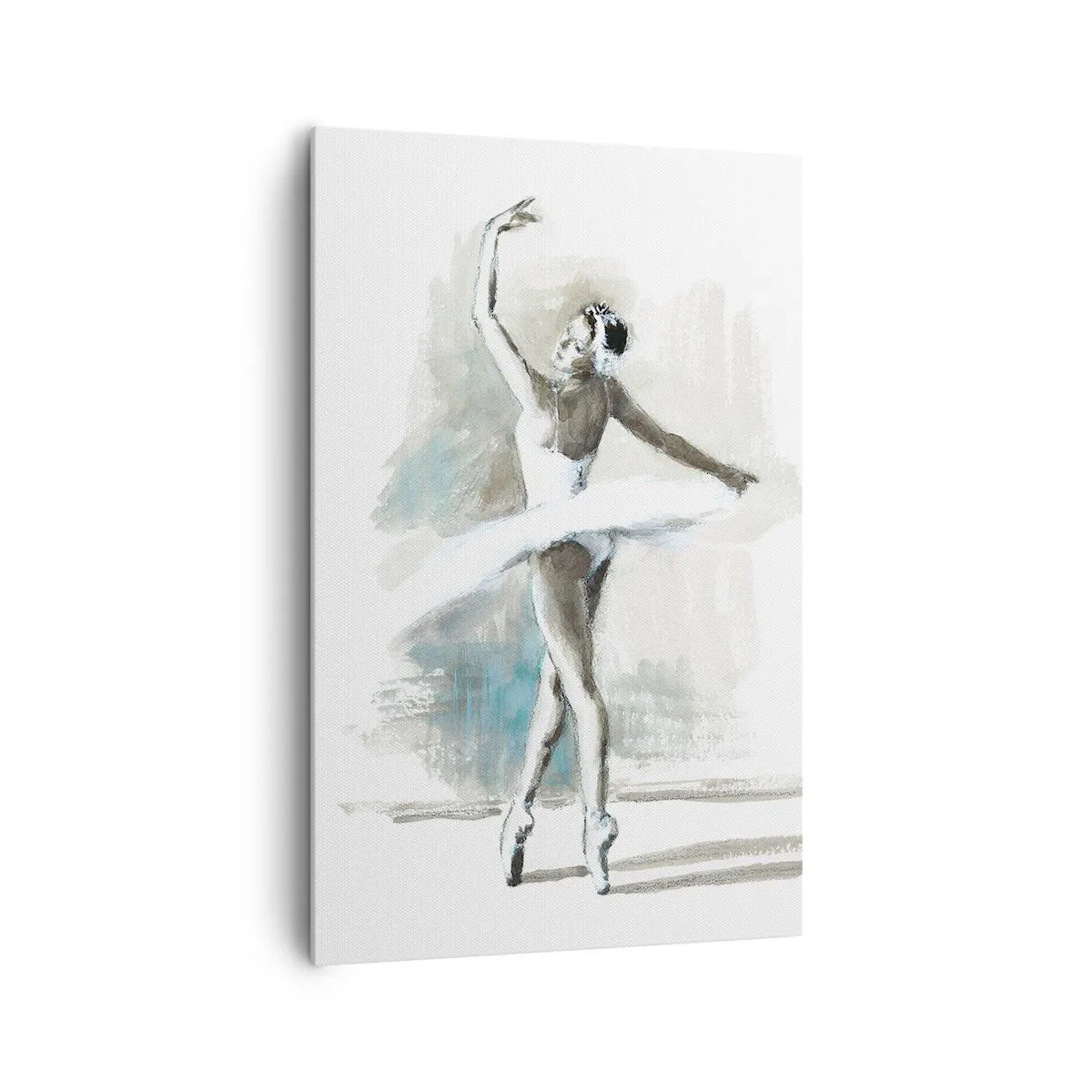 Bild auf Leinwand - Leinwandbild - Eine Balletttänzerin in einer Ballettpose vor einem Hintergrund aus zarten Aquarelltönen. - 80x120cm - In einen Schwan verzaubert - Moderne Wanddekoration für Wohnzimmer und Schlafzimmer ARTTOR