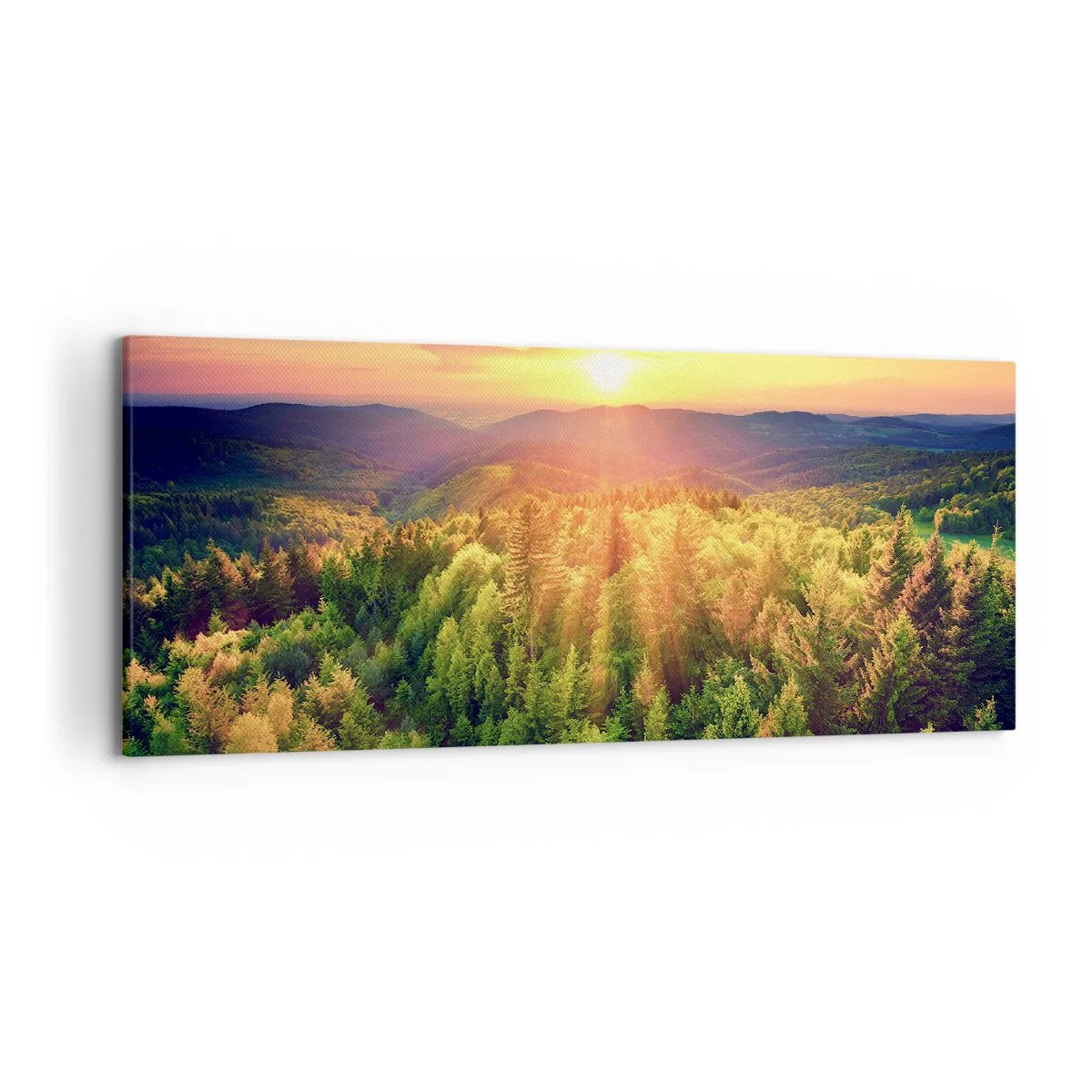 Bild auf Leinwand - Leinwandbild - Waldlandschaft mit Sonnenuntergang über den Hügeln - 120x50cm - Scheitelpunkte und Spitzen - Moderne Wanddekoration für Wohnzimmer und Schlafzimmer ARTTOR
