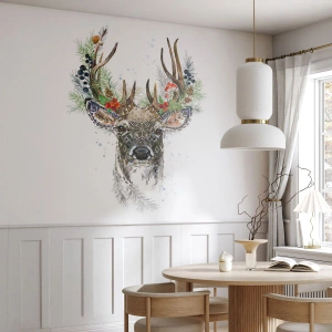 Fototapete Premium Sand - Künstlerischer Hirsch mit verziertem Geweih auf weißem Hintergrund - 100x70cm - Im festlichen Gewand - Moderne Wanddekoration für Wohnzimmer und Schlafzimmer ARTTOR