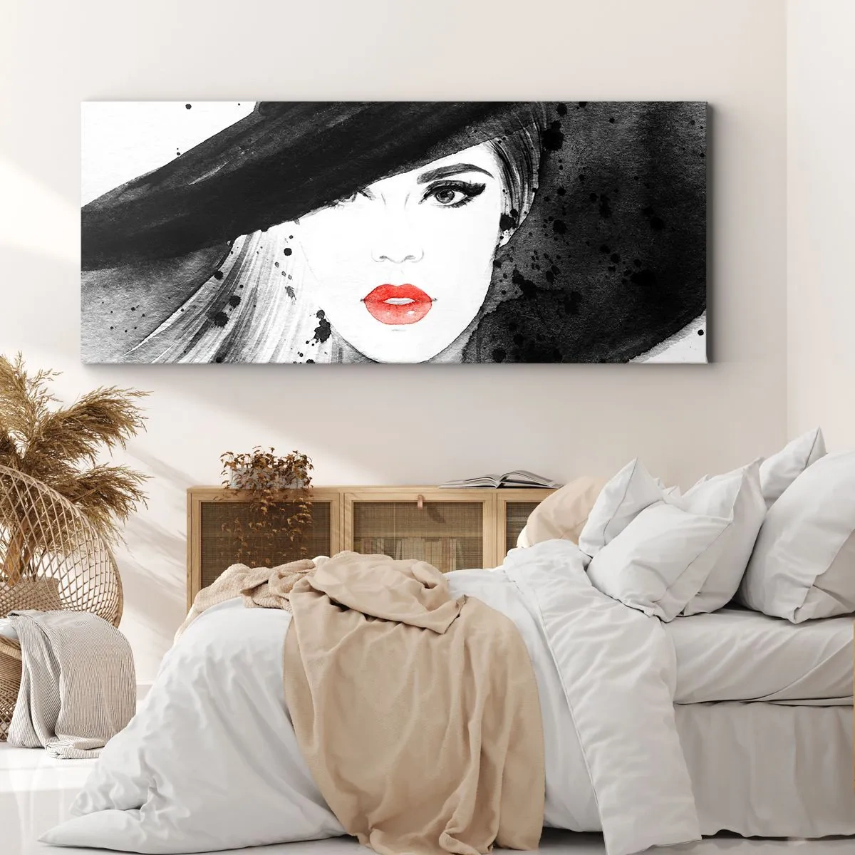 Bild auf Leinwand - Leinwandbild - Porträt einer Frau mit Hut und roten Lippen - 140x50cm - Frau in schwarz - Moderne Wanddekoration für Wohnzimmer und Schlafzimmer ARTTOR