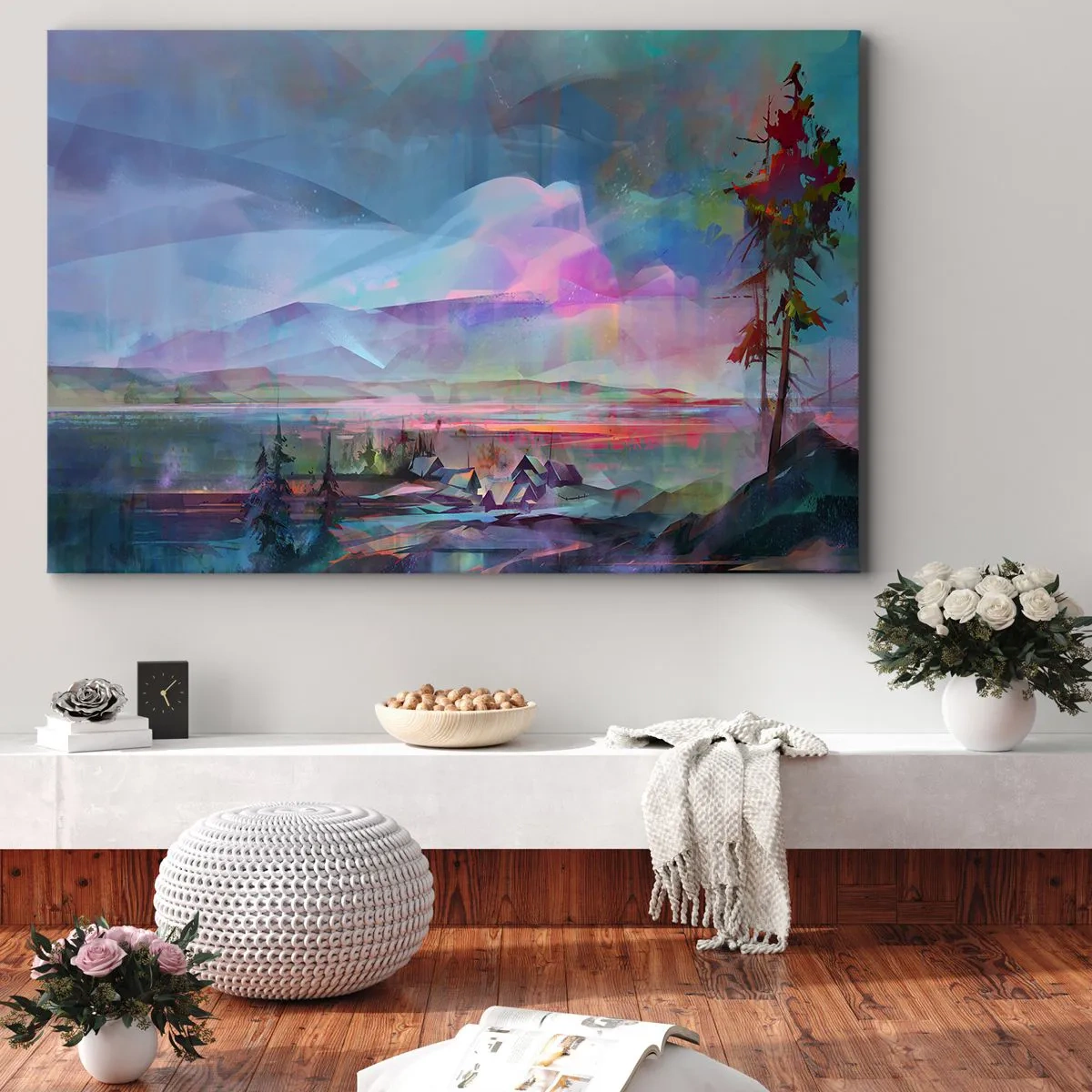 Bild auf Leinwand - Leinwandbild - Berglandschaft mit buntem Himmel und einem Dorf - 70x50cm - Unter einem wohlwollenden Himmel - Moderne Wanddekoration für Wohnzimmer und Schlafzimmer ARTTOR