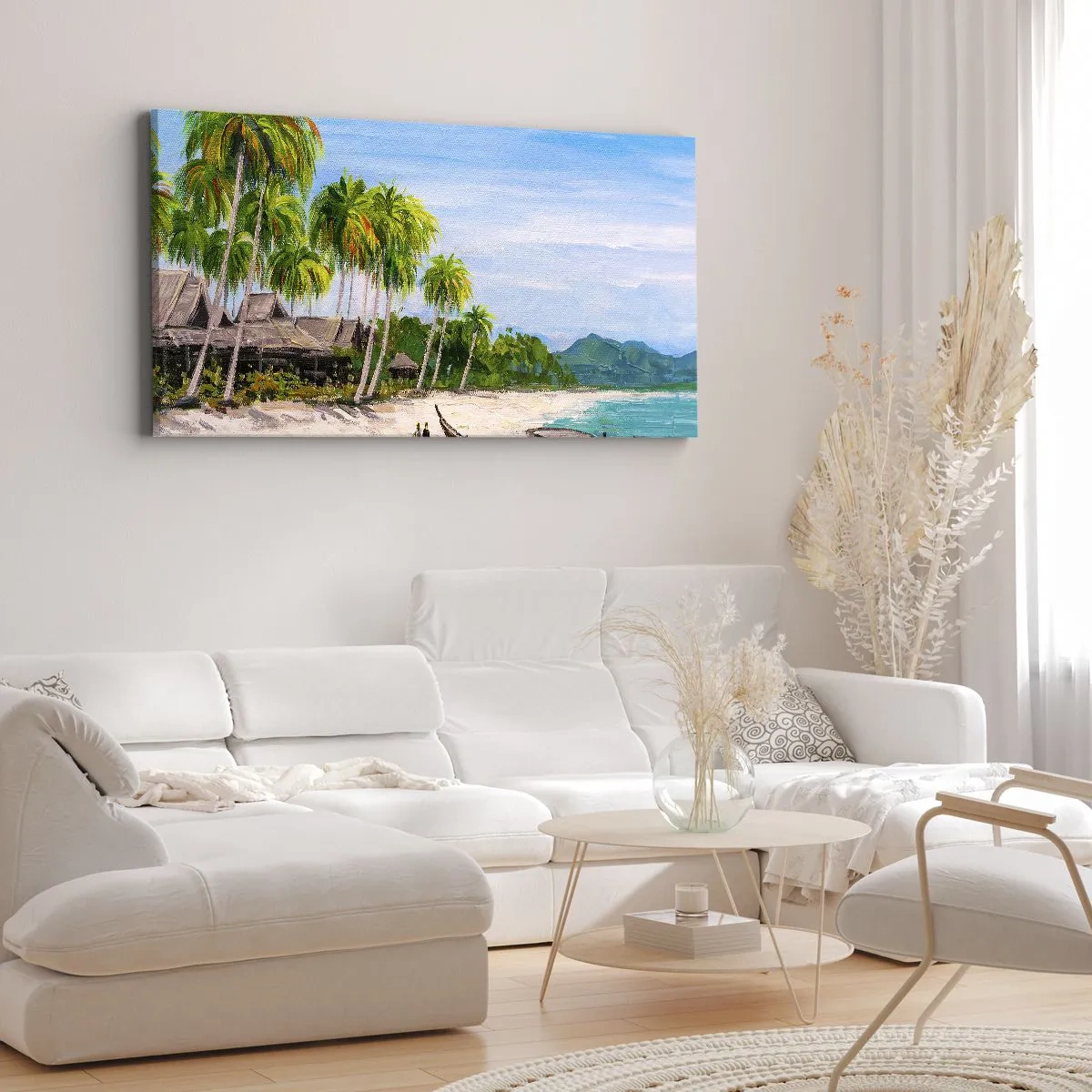 Bild auf Leinwand - Leinwandbild - Ein exotischer Strand mit Palmen und einem Boot am Ufer - 120x50cm - Exotischer Traum - Moderne Wanddekoration für Wohnzimmer und Schlafzimmer ARTTOR