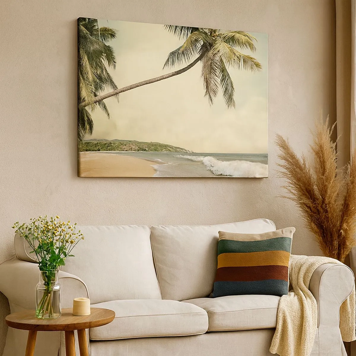 Bild auf Leinwand - Leinwandbild - Ein Strand mit Palmen vor der Kulisse eines ruhigen Meeres - 70x50cm - Tropischer Traum - Moderne Wanddekoration für Wohnzimmer und Schlafzimmer ARTTOR