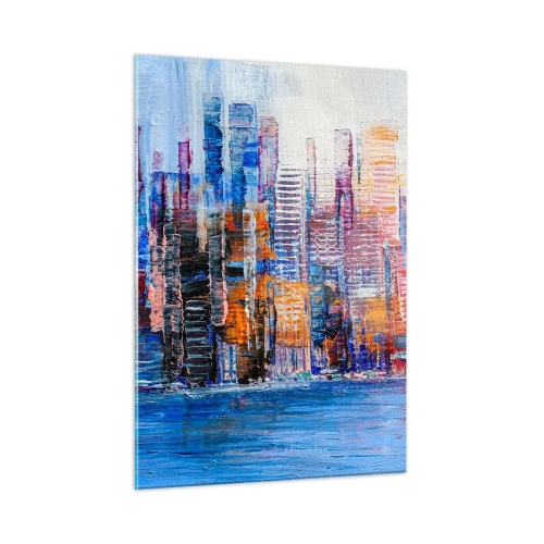 Glasbild - Bild auf glas - Ein farbenfrohes Panorama der Stadt, gemalt mit Pinselstrichen - 50x70cm - Fröhliche Metropole - Moderne Wanddekoration für Wohnzimmer und Schlafzimmer ARTTOR