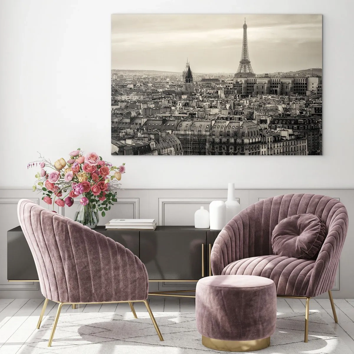 Glasbild - Bild auf glas - Ein Panorama von Paris mit Blick auf den Eiffelturm in Sepiatönen - 120x80cm - Über den Dächern von Paris - Moderne Wanddekoration für Wohnzimmer und Schlafzimmer ARTTOR