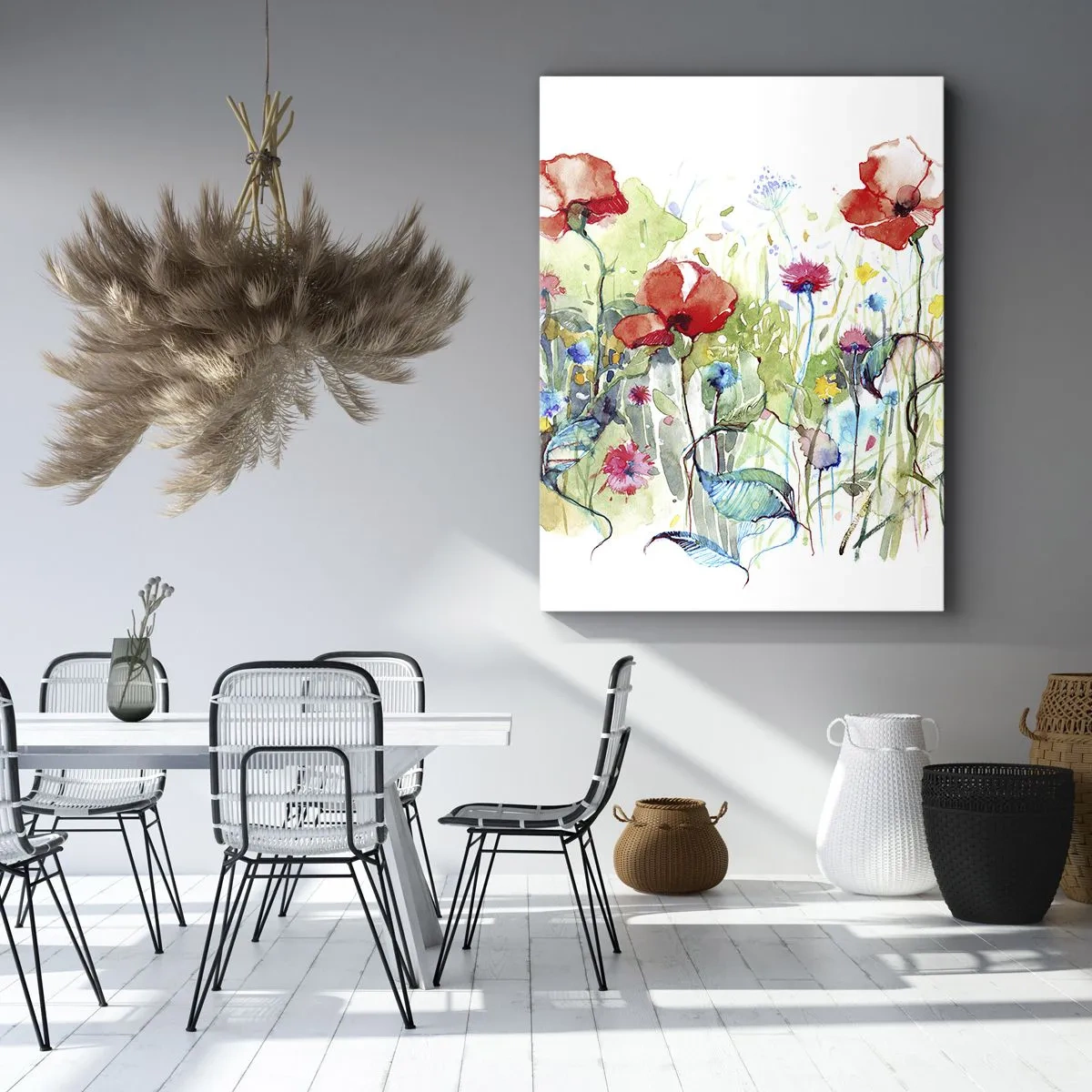 Bild auf Leinwand - Leinwandbild - Eine Wiese mit roten Mohnblumen und bunten Blumen in Aquarell - 50x70cm - Blühende Maiwiese - Moderne Wanddekoration für Wohnzimmer und Schlafzimmer ARTTOR