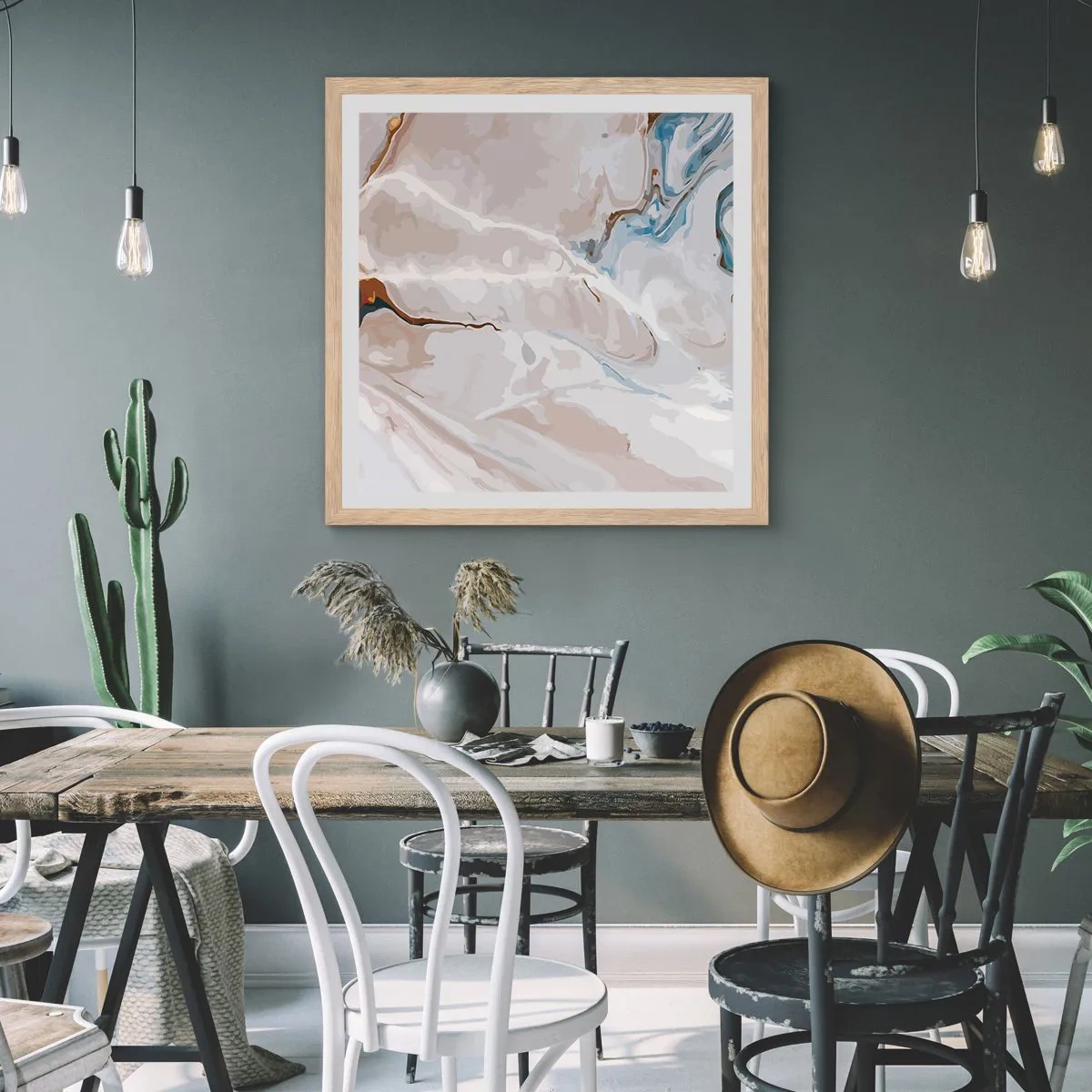 Poster in einem Rahmen aus heller Eiche - Blau schlängelt sich unter dem Weiß - 30x30 cm
