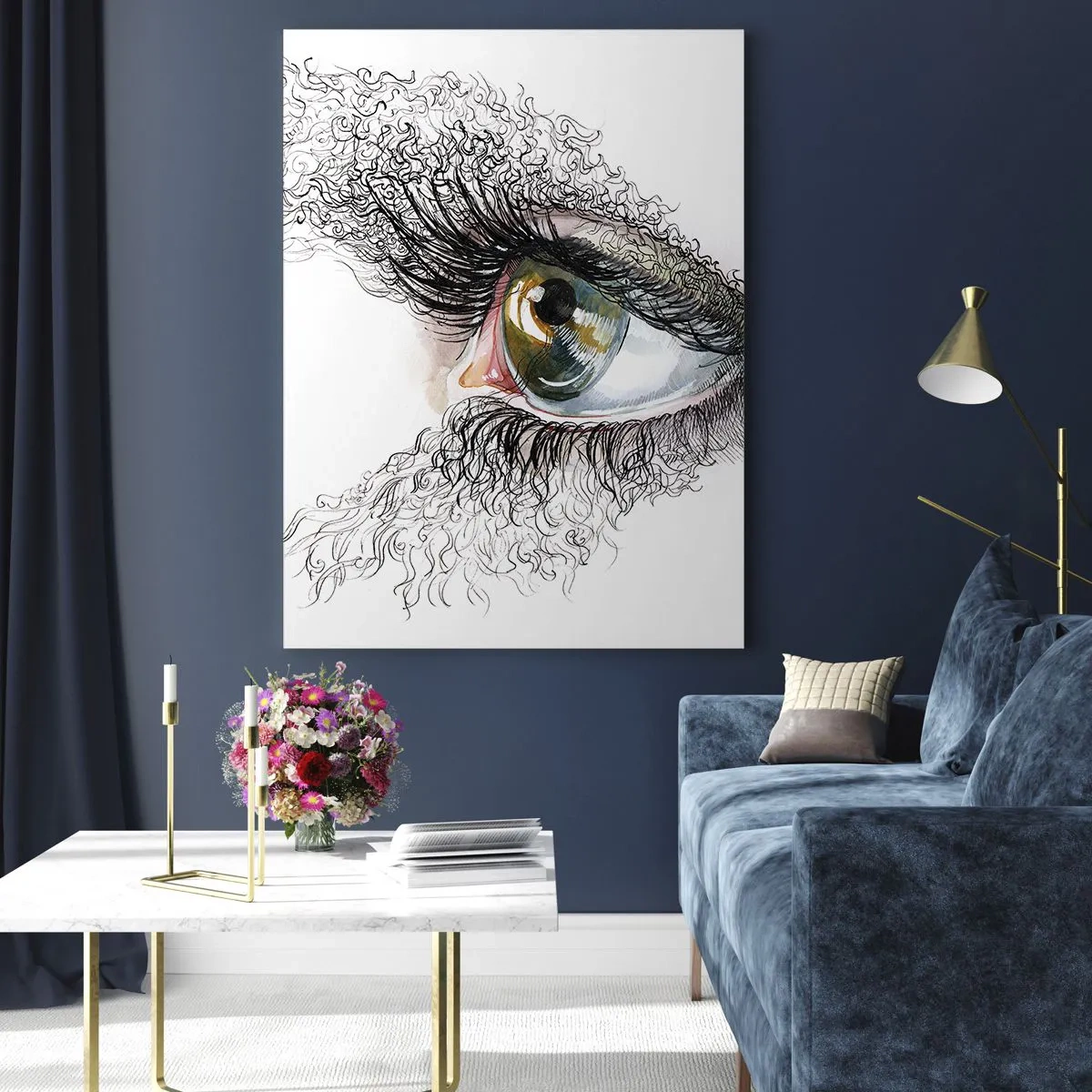 Glasbild - Bild auf glas - Ein goldenes Auge, umgeben von dynamischen Linien und abstrakten Details - 50x70cm - Schau direkt in die Seele - Moderne Wanddekoration für Wohnzimmer und Schlafzimmer ARTTOR