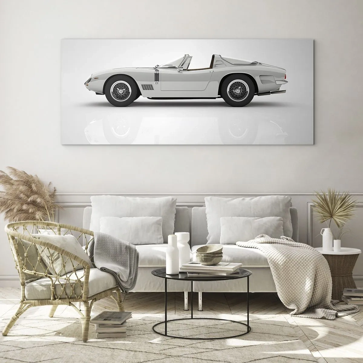 Glasbild - Bild auf glas - Klassisches weißes Cabrio auf hellem Hintergrund - 160x50cm - Spaß versprochen - Moderne Wanddekoration für Wohnzimmer und Schlafzimmer ARTTOR