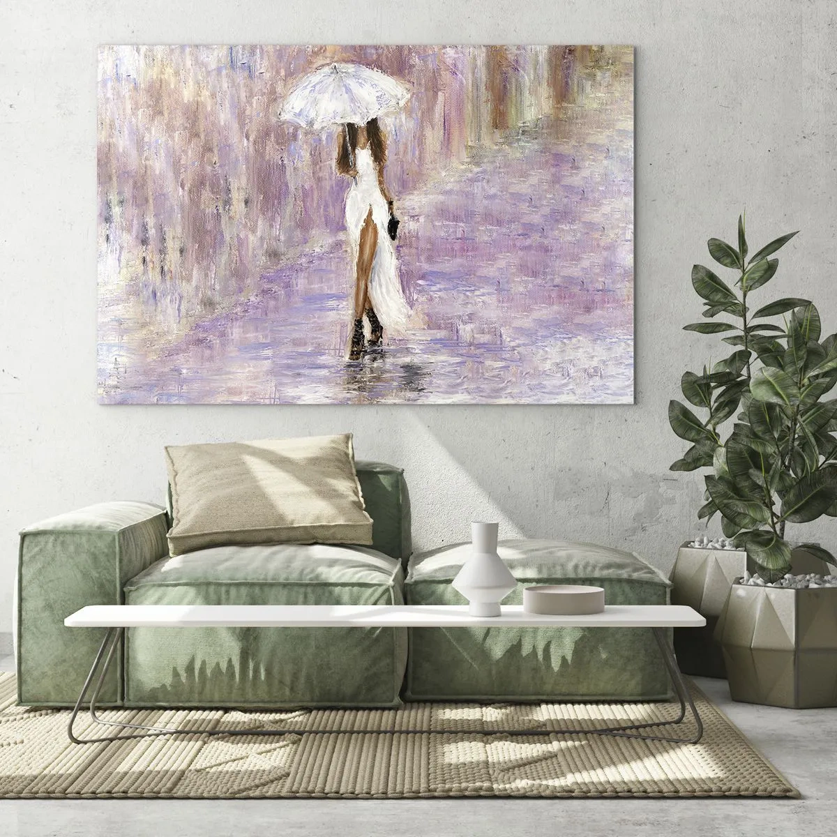 Glasbild - Bild auf glas - Figur einer Frau mit Regenschirm in einer lila Regenszene - 100x70cm - Im lila Regen - Moderne Wanddekoration für Wohnzimmer und Schlafzimmer ARTTOR