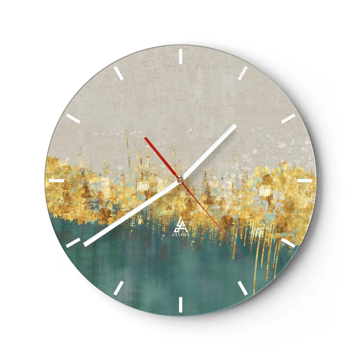 Wanduhr - Glasuhr - Eine goldene abstrakte Linie trennt den Hintergrund vom Grün - 30x30cm - Goldener Rand - Moderne Wanddekoration für Wohnzimmer, Küche und Schlafzimmer ARTTOR
