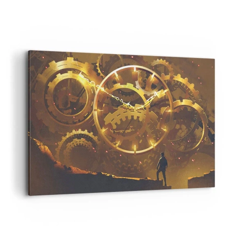 Bild auf Leinwand - Leinwandbild - Goldene Zahnräder in einer surrealen Umgebung mit einer Figur - 120x80cm - An der Quelle der Zeit - Moderne Wanddekoration für Wohnzimmer und Schlafzimmer ARTTOR