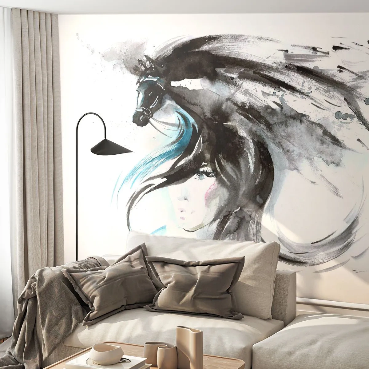 Fototapete Premium Sand - Eine Frau und ein Pferd in einer künstlerischen Schwarz-Weiß-Komposition - 100x70cm - Schwarzer Prinz Galopp - Moderne Wanddekoration für Wohnzimmer und Schlafzimmer ARTTOR
