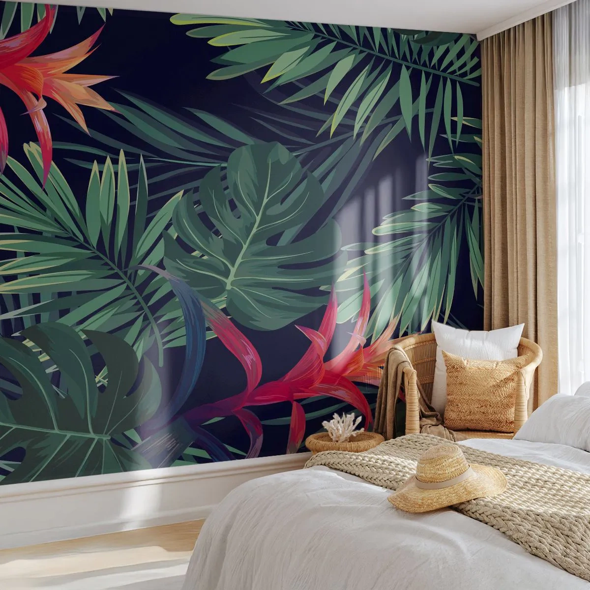 Fototapete Premium Sand - Exotische Blätter und Blüten auf dunklem Hintergrund - 100x70cm - Im Grünen in Flammen gehen - Moderne Wanddekoration für Wohnzimmer und Schlafzimmer ARTTOR