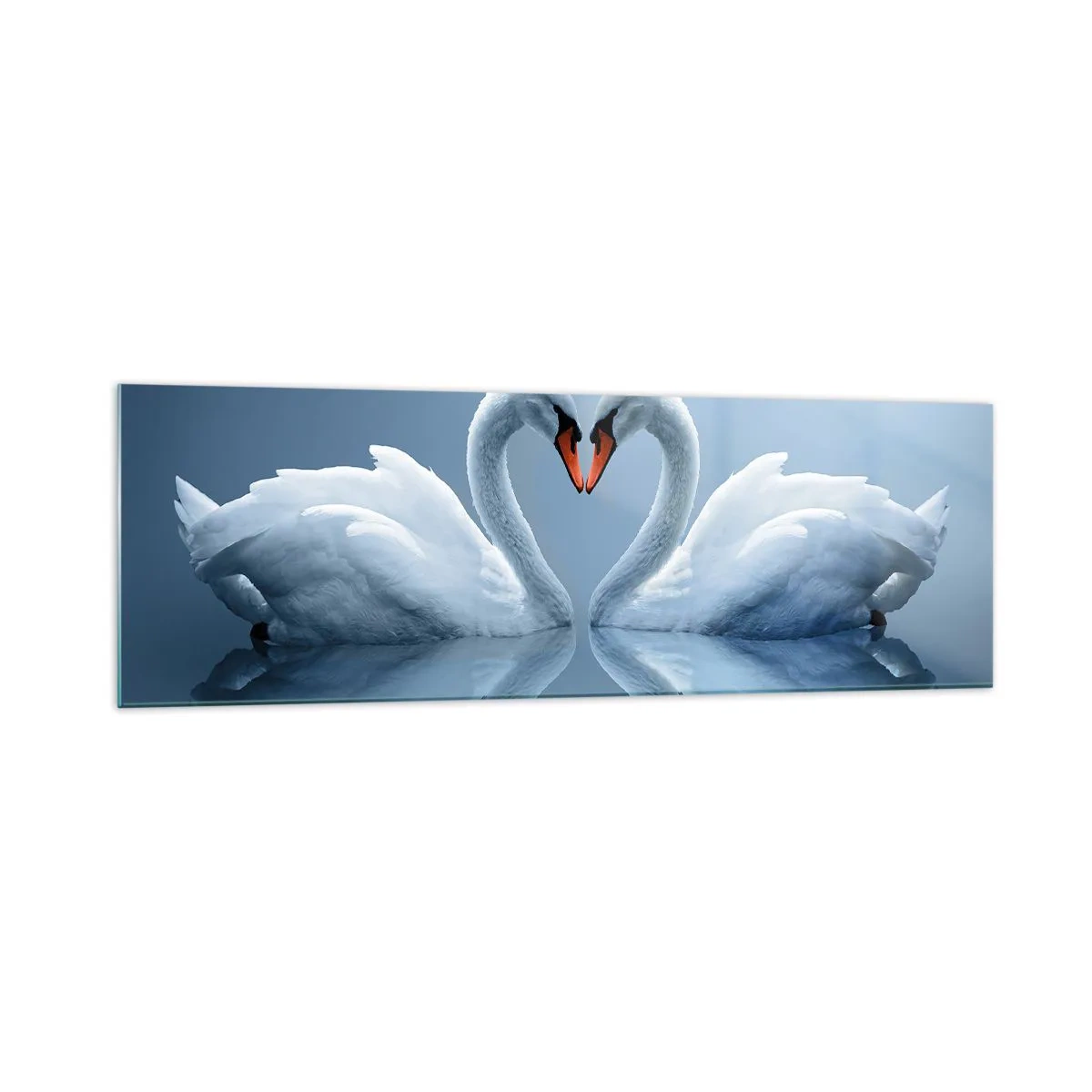 Glasbild - Bild auf glas - Zwei Schwäne bilden ein Herz auf einer ruhigen Wasseroberfläche - 160x50cm - Zeit für die Liebe - Moderne Wanddekoration für Wohnzimmer und Schlafzimmer ARTTOR