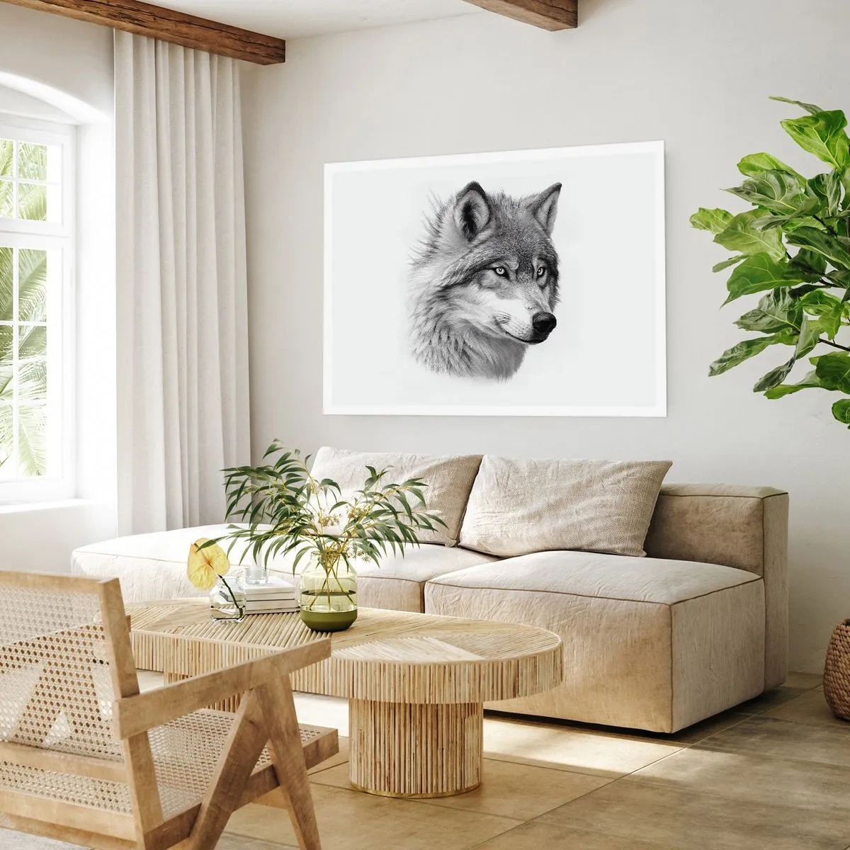 Poster - Ein realistisches Porträt eines Wolfes in Grautönen. - 100x70cm - Alpha – ohne Zweifel - Moderne Wanddekoration für Wohnzimmer und Schlafzimmer ARTTOR