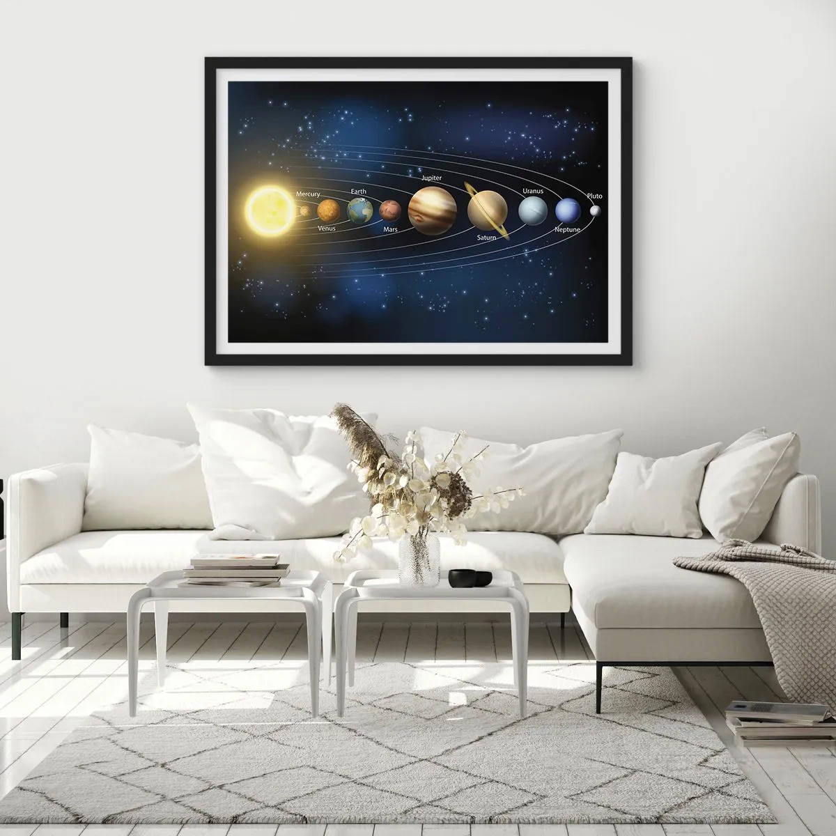 Poster in einem schwarzem Rahmen - Diagramm des Sonnensystems mit Planeten und Sonne - 70x50cm - Einer von zehn - Moderne Wanddekoration für Wohnzimmer und Schlafzimmer ARTTOR