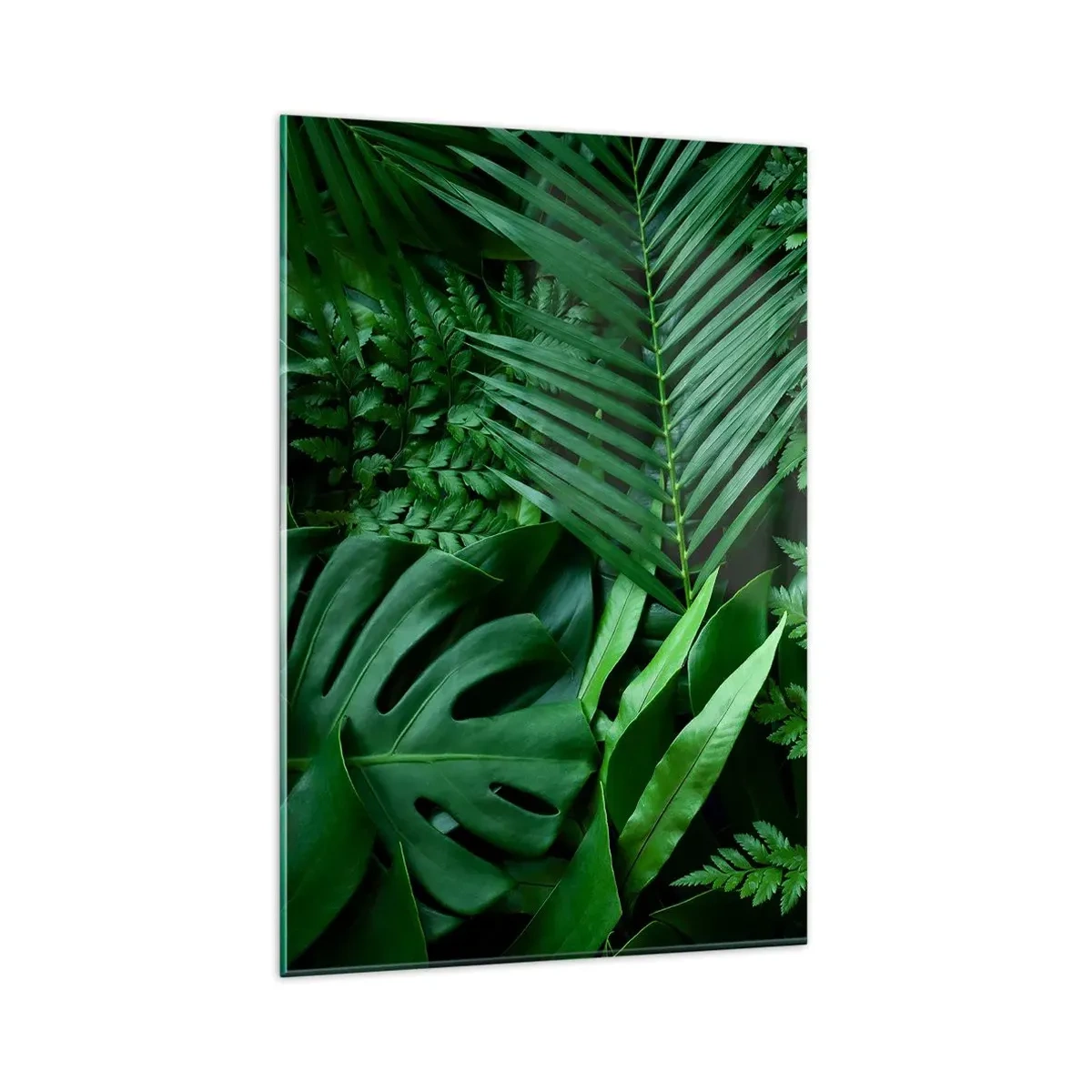 Glasbild - Bild auf glas - Grüne tropische Blätter in einer dichten und natürlichen Komposition - 80x120cm - Eingebettet ins Grüne - Moderne Wanddekoration für Wohnzimmer und Schlafzimmer ARTTOR
