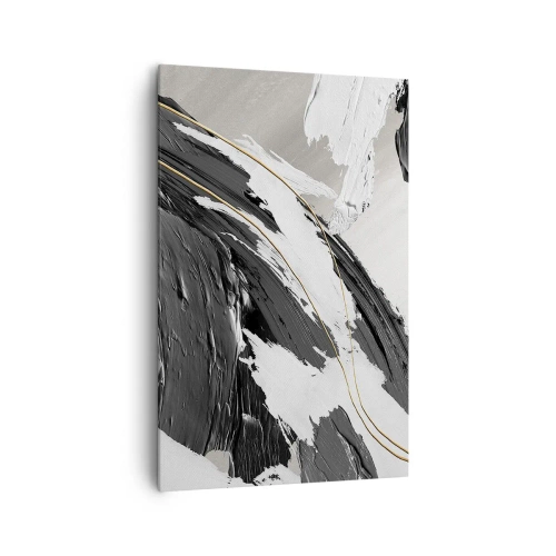 Bild auf Leinwand - Leinwandbild - Schwarze und weiße Pinselstriche mit einem subtilen goldenen Akzent - 80x120cm - Abstraktion in großem Stil - Moderne Wanddekoration für Wohnzimmer und Schlafzimmer ARTTOR