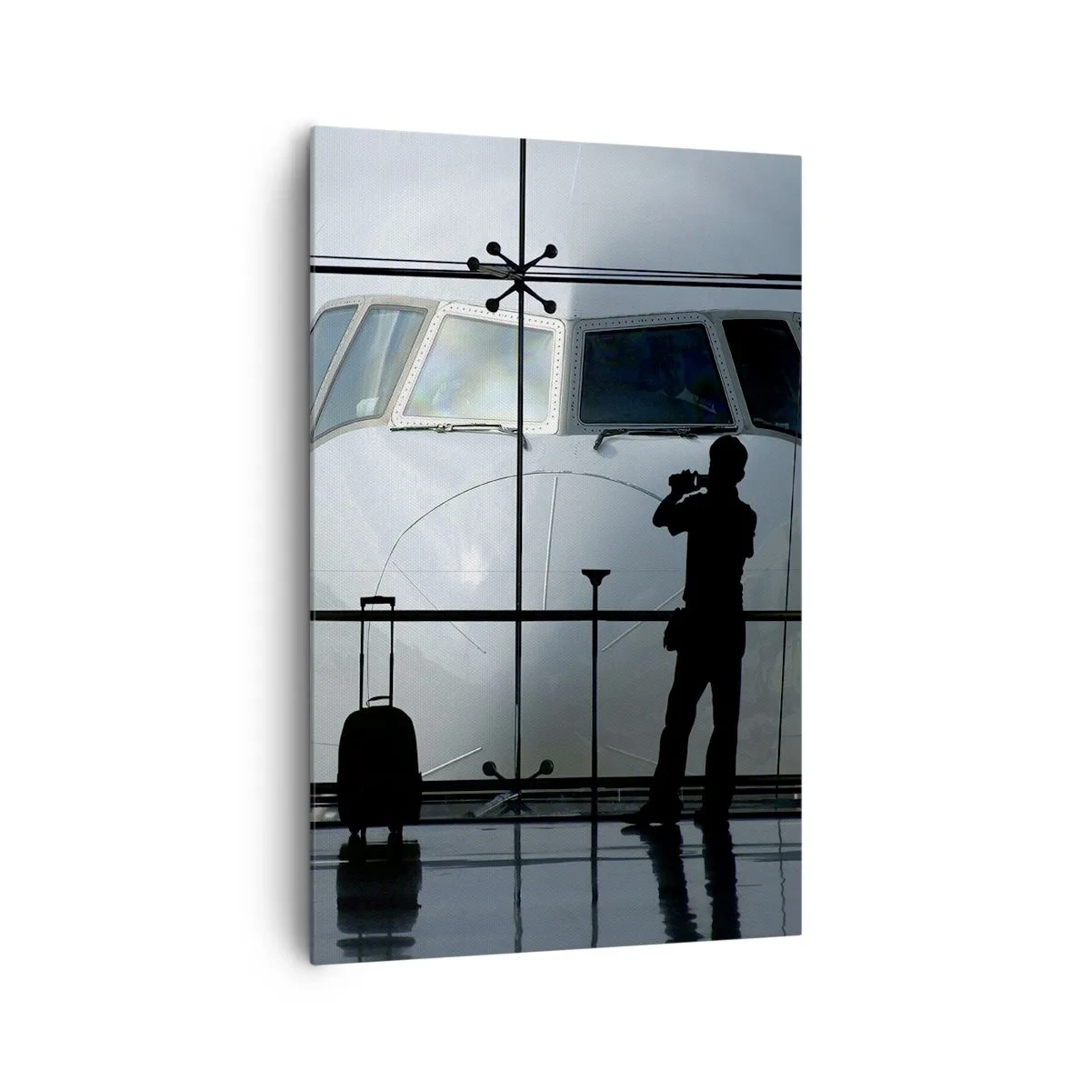 Bild auf Leinwand - Leinwandbild - Flughafen mit Silhouetten von Menschen und Blick auf das Flugzeug - 80x120cm - Vis a vis am Flughafen - Moderne Wanddekoration für Wohnzimmer und Schlafzimmer ARTTOR