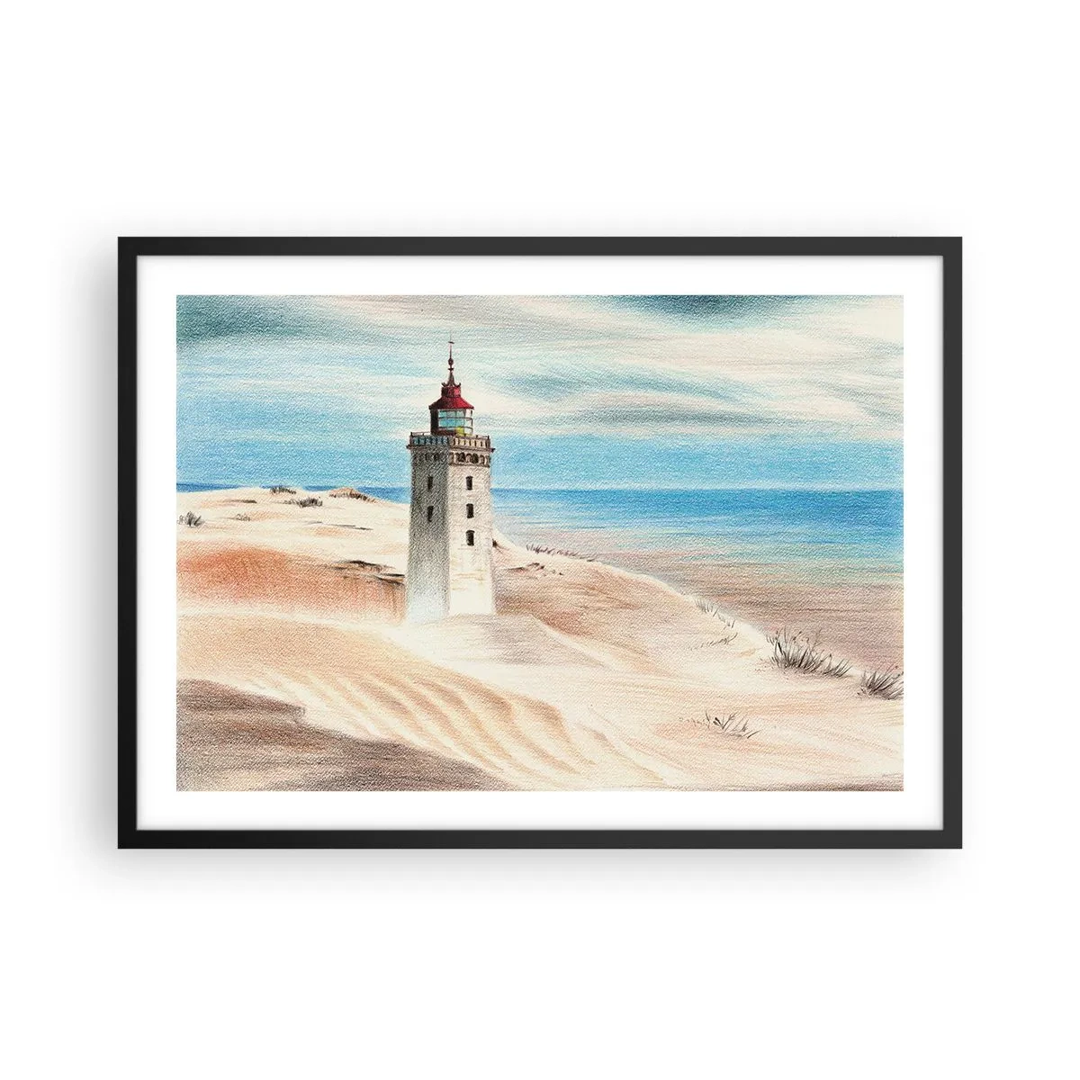 Poster in einem schwarzem Rahmen - Ein Leuchtturm, umgeben von Sanddünen und blauem Himmel - 70x50cm - Immer aufs Meer starrend - Moderne Wanddekoration für Wohnzimmer und Schlafzimmer ARTTOR