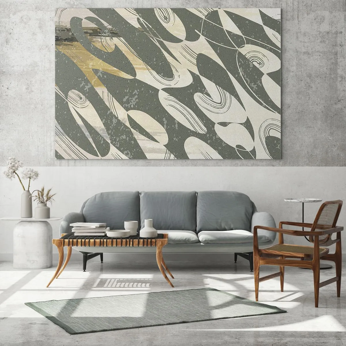 Glasbild - Bild auf glas - Eine grün-beige Komposition mit dynamischen organischen Formen - 70x50cm - Rhythmische Abstraktion - Moderne Wanddekoration für Wohnzimmer und Schlafzimmer ARTTOR