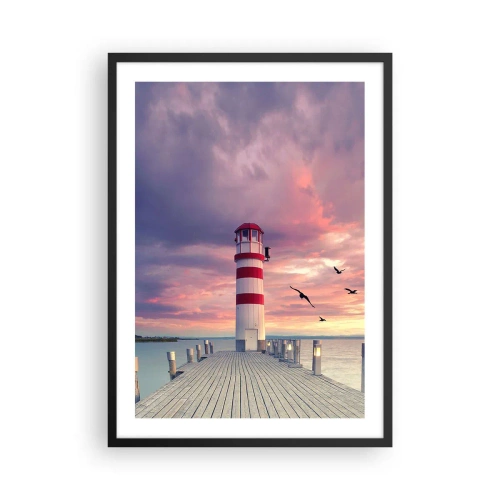 Poster in einem schwarzem Rahmen - Leuchtturm vor der Kulisse des Sonnenuntergangs - 50x70cm - Es ist Zeit zum Hafen zu gehen - Moderne Wanddekoration für Wohnzimmer und Schlafzimmer ARTTOR