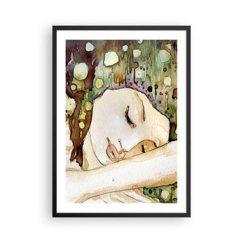 Poster in einem schwarzem Rahmen - Künstlerisches Aquarellporträt einer schlafenden Frau - 50x70cm - Ein smaragd-violetter Traum - Moderne Wanddekoration für Wohnzimmer und Schlafzimmer ARTTOR