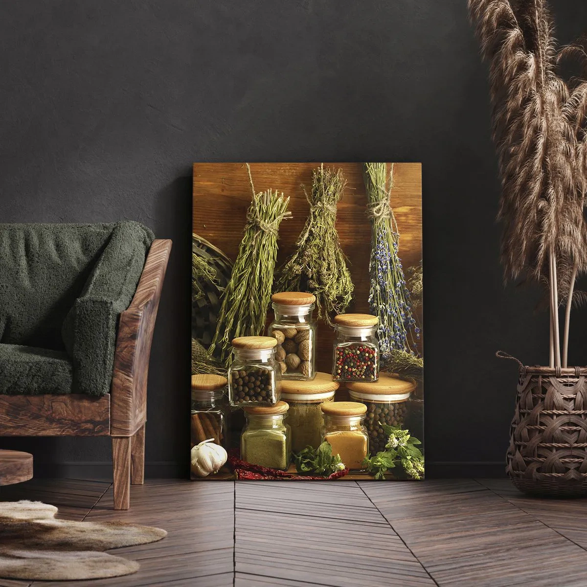 Bild auf Leinwand - Leinwandbild - Kräuter und Gewürze in Gläsern auf rustikalem Hintergrund - 50x70cm - Küchenzauber - Moderne Wanddekoration für Wohnzimmer und Schlafzimmer ARTTOR