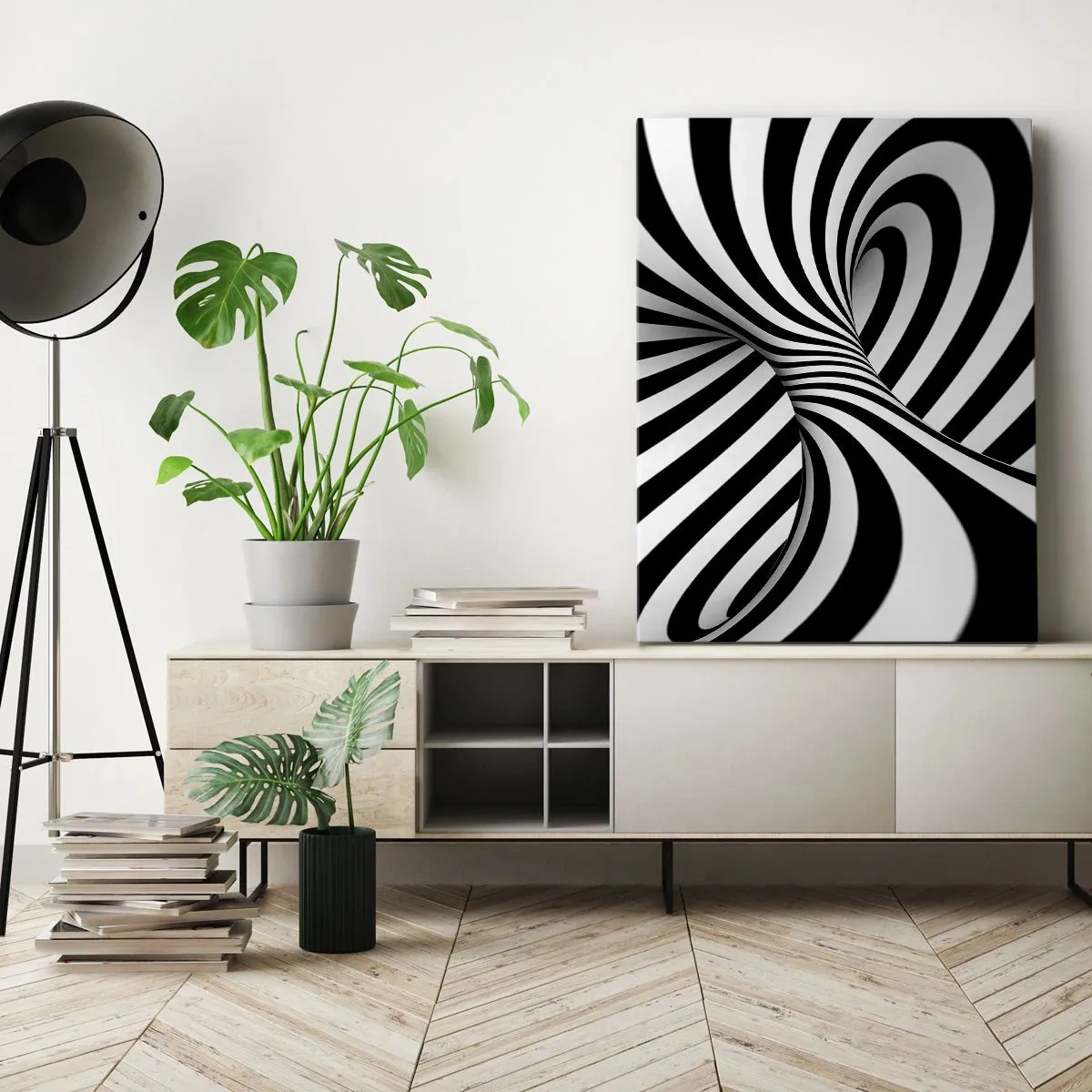 Bild auf Leinwand - Leinwandbild - Abstrakter Tunnel mit schwarz-weißen Spiralstreifen - 80x120cm - Komposition: Tanzraum - Moderne Wanddekoration für Wohnzimmer und Schlafzimmer ARTTOR