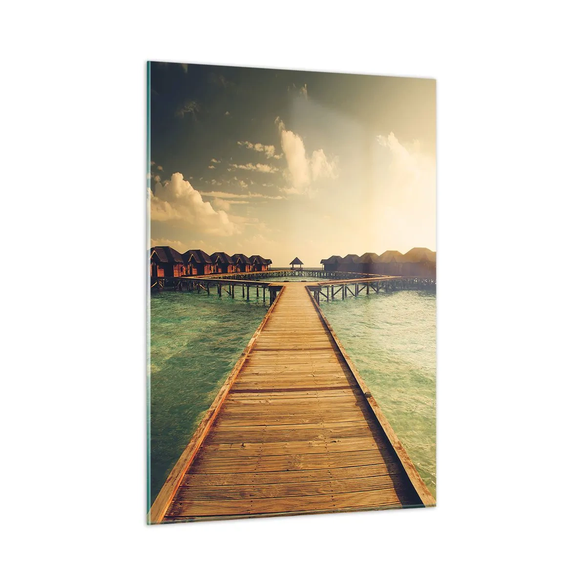 Glasbild - Bild auf glas - Der Pier, der bei Sonnenuntergang zu den Cottages am Wasser führt - 50x70cm - Eine herzliche Einladung - Moderne Wanddekoration für Wohnzimmer und Schlafzimmer ARTTOR