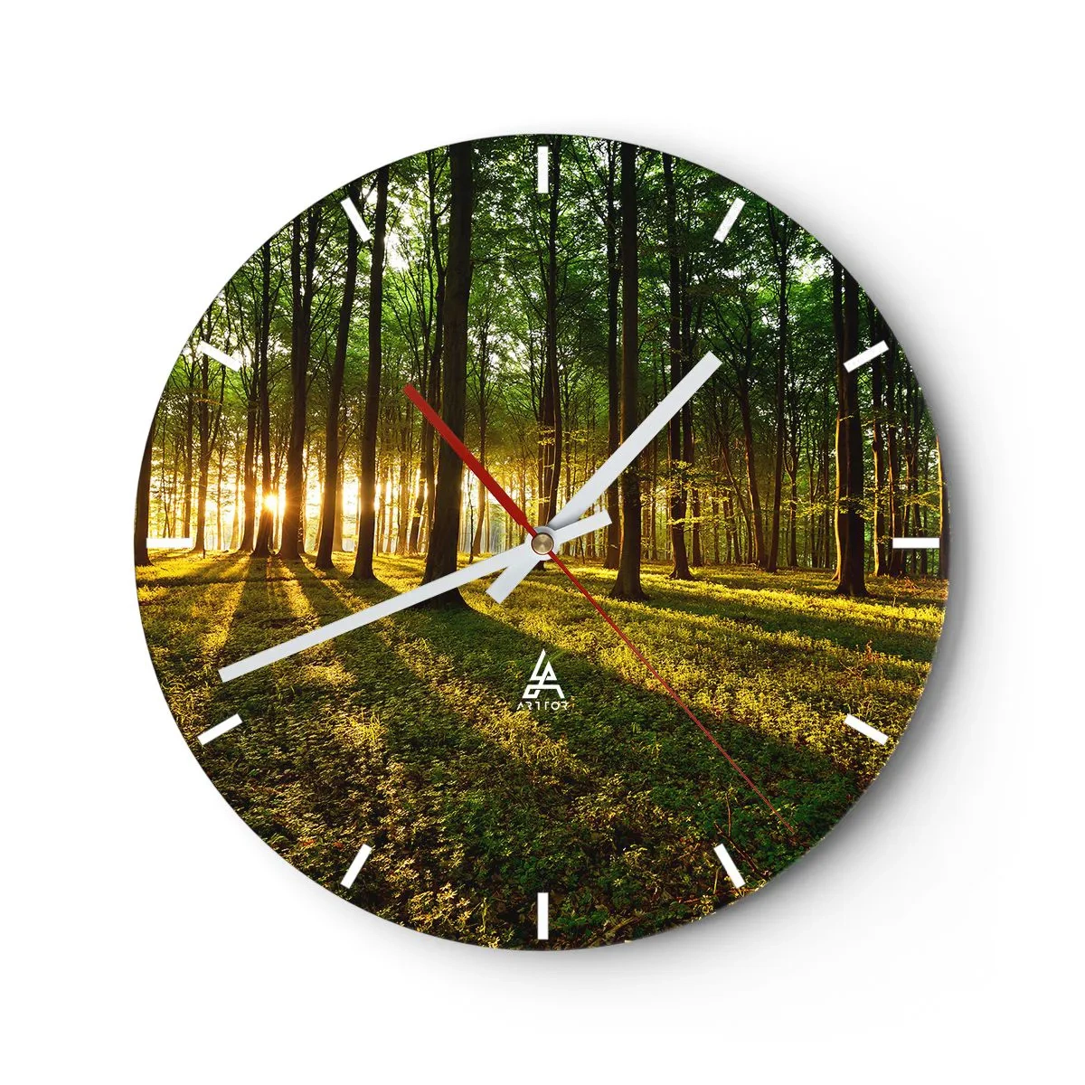 Wanduhr - Glasuhr - Ein Wald mit Sonnenstrahlen, die durch die Bäume scheinen - 30x30cm - Alle Frühlingsfotografie - Moderne Wanddekoration für Wohnzimmer, Küche und Schlafzimmer ARTTOR