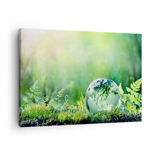 Bild auf Leinwand - Leinwandbild - Eine Kristallkugel im Grün der Natur - 70x50cm - Der grüne Planet - Moderne Wanddekoration für Wohnzimmer und Schlafzimmer ARTTOR