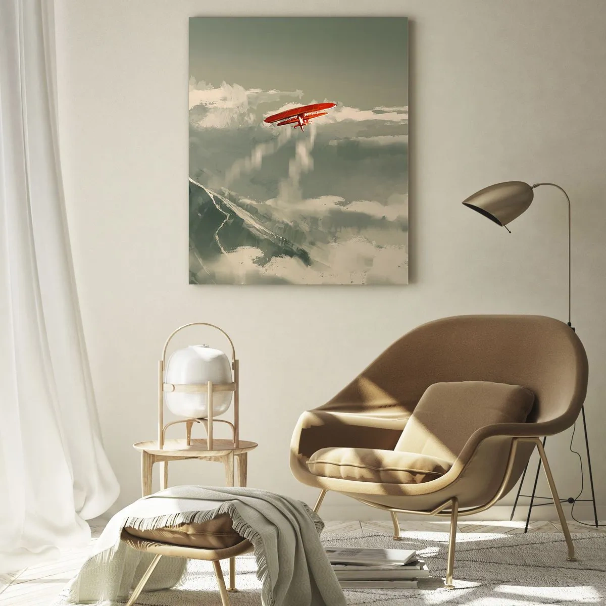 Glasbild - Bild auf glas - Ein rotes Flugzeug fliegt über schneebedeckte Berge - 50x70cm - Furchtloser Pionier - Moderne Wanddekoration für Wohnzimmer und Schlafzimmer ARTTOR