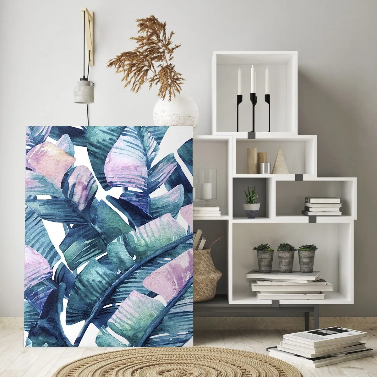 Glasbild - Bild auf glas - Bananenblätter in Blau- und Rosatönen - 80x120cm - In einem Bananenhain - Moderne Wanddekoration für Wohnzimmer und Schlafzimmer ARTTOR